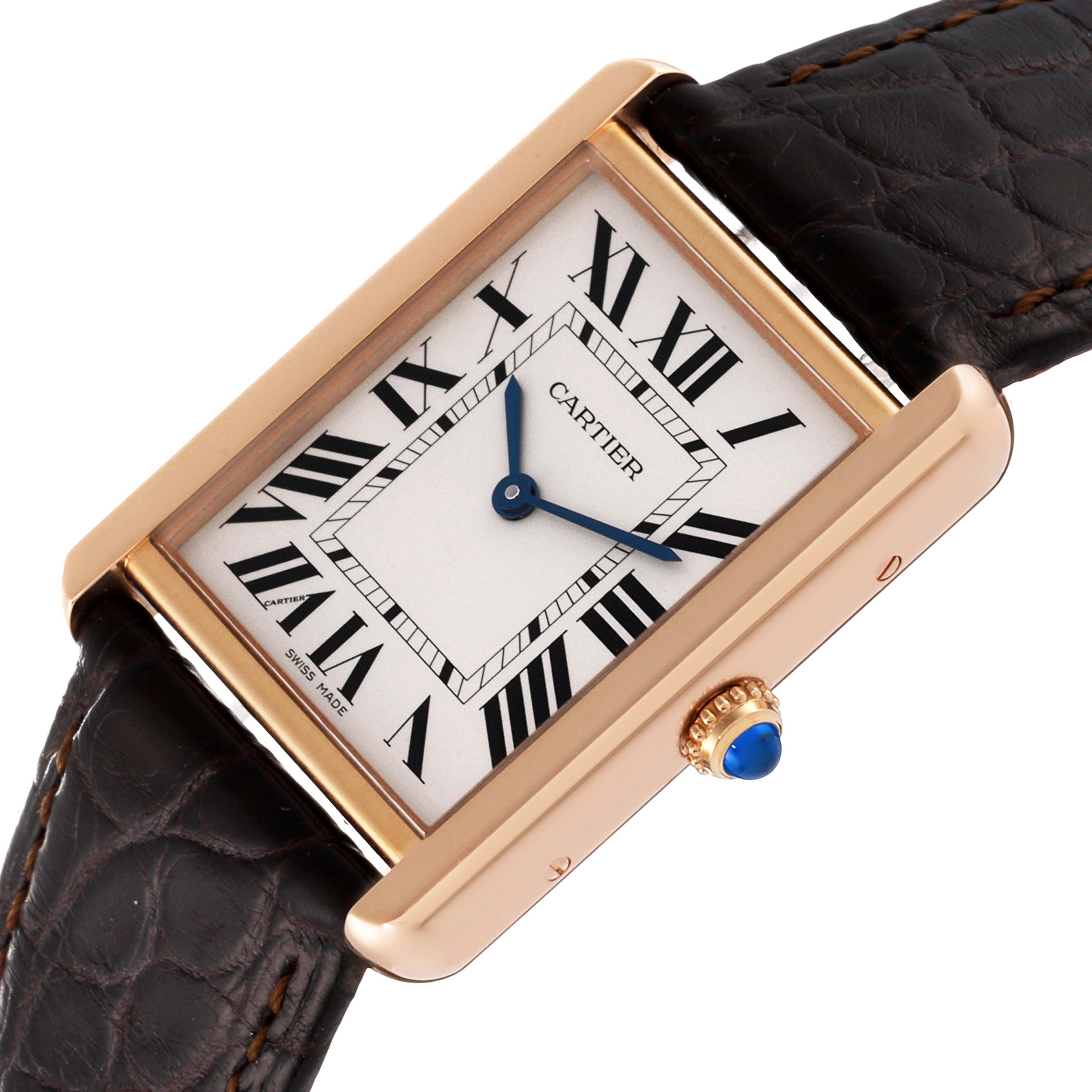 The image shows a close-up of a Cartier Tank Solo W5200025 Men
s Rose Gold Silver Dial W5200025 Men
s Rose Gold Silver Dial watch, featuring the dial, Roman numerals, and crown with blue cabochon.