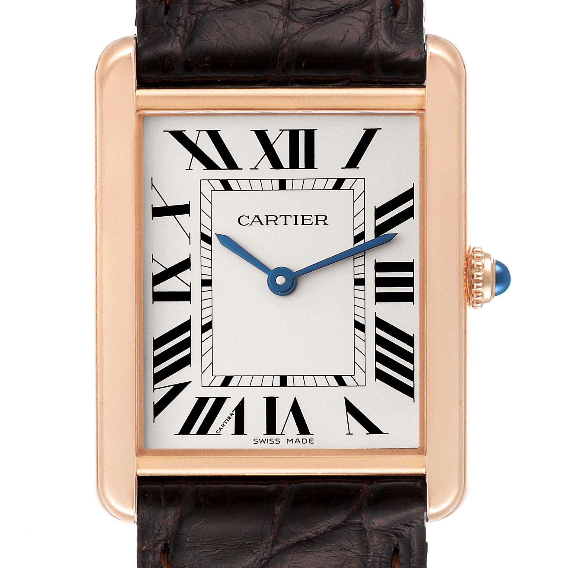 The image shows a front view of the Cartier Tank Solo W5200025 Men
s Rose Gold Silver Dial W5200025 Men
s Rose Gold Silver Dial watch, showcasing its face, Roman numerals, and leather strap.