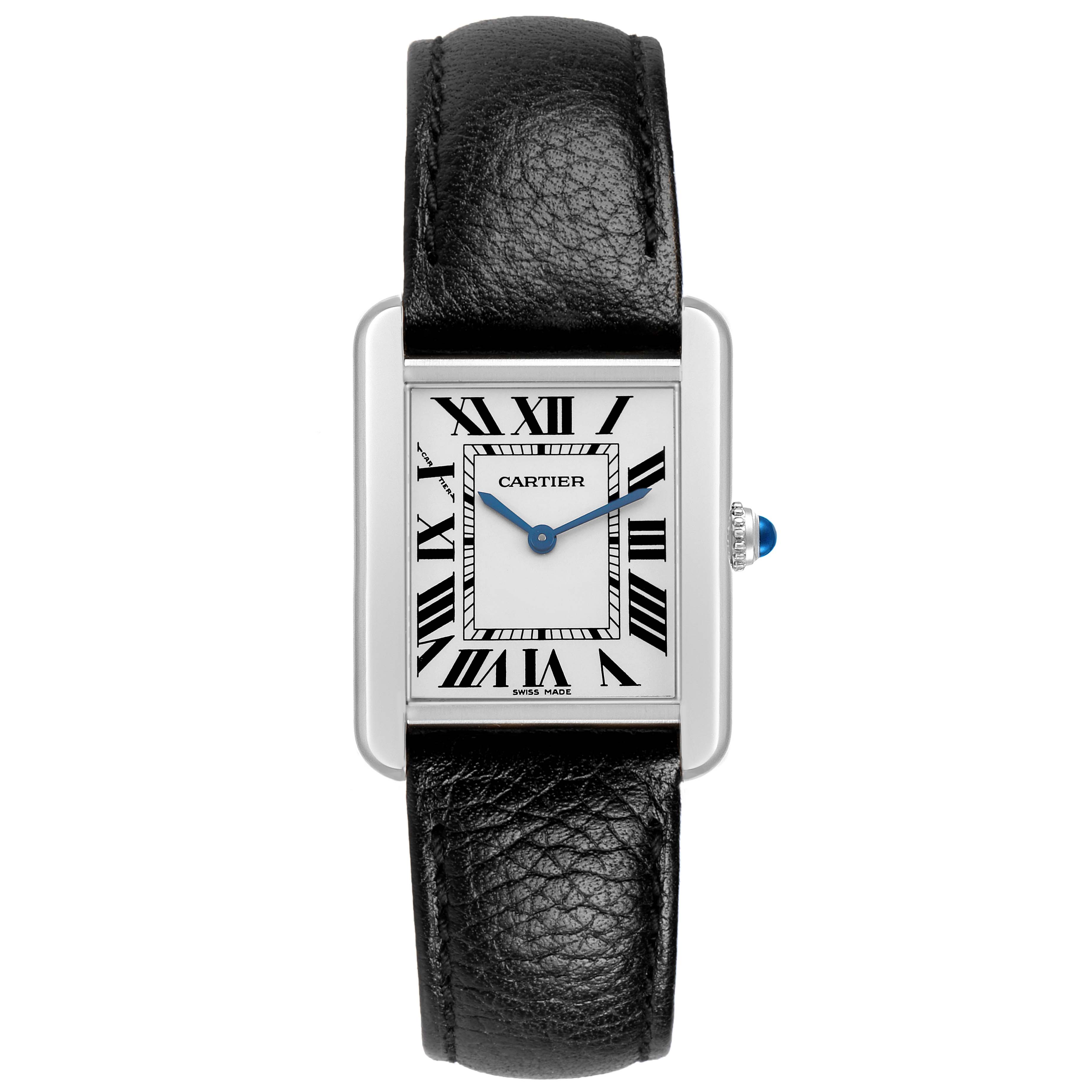 The Cartier Tank Solo WSTA0030 Women's Stainless Steel Silver Dial watch is shown from a frontal angle, displaying its rectangular face, Roman numerals, and black leather strap.