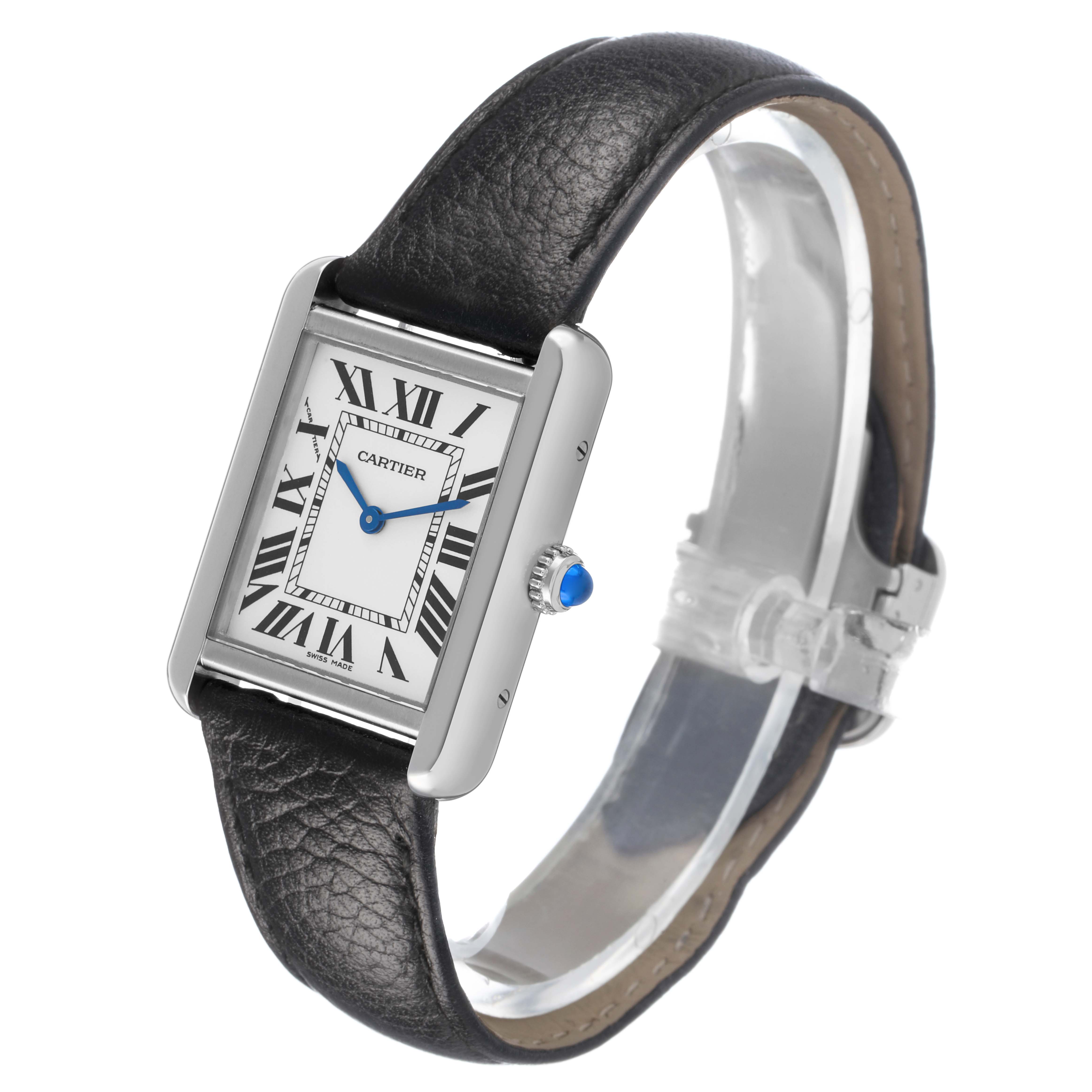 The Cartier Tank Solo WSTA0030 Women's Stainless Steel Silver Dial watch is shown at an angle displaying the face, leather strap, and blue cabochon crown.