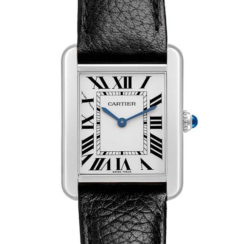 The image shows a front view of the Cartier Tank Solo WSTA0030 Women's Stainless Steel Silver Dial watch, displaying the face, Roman numerals, and leather strap.