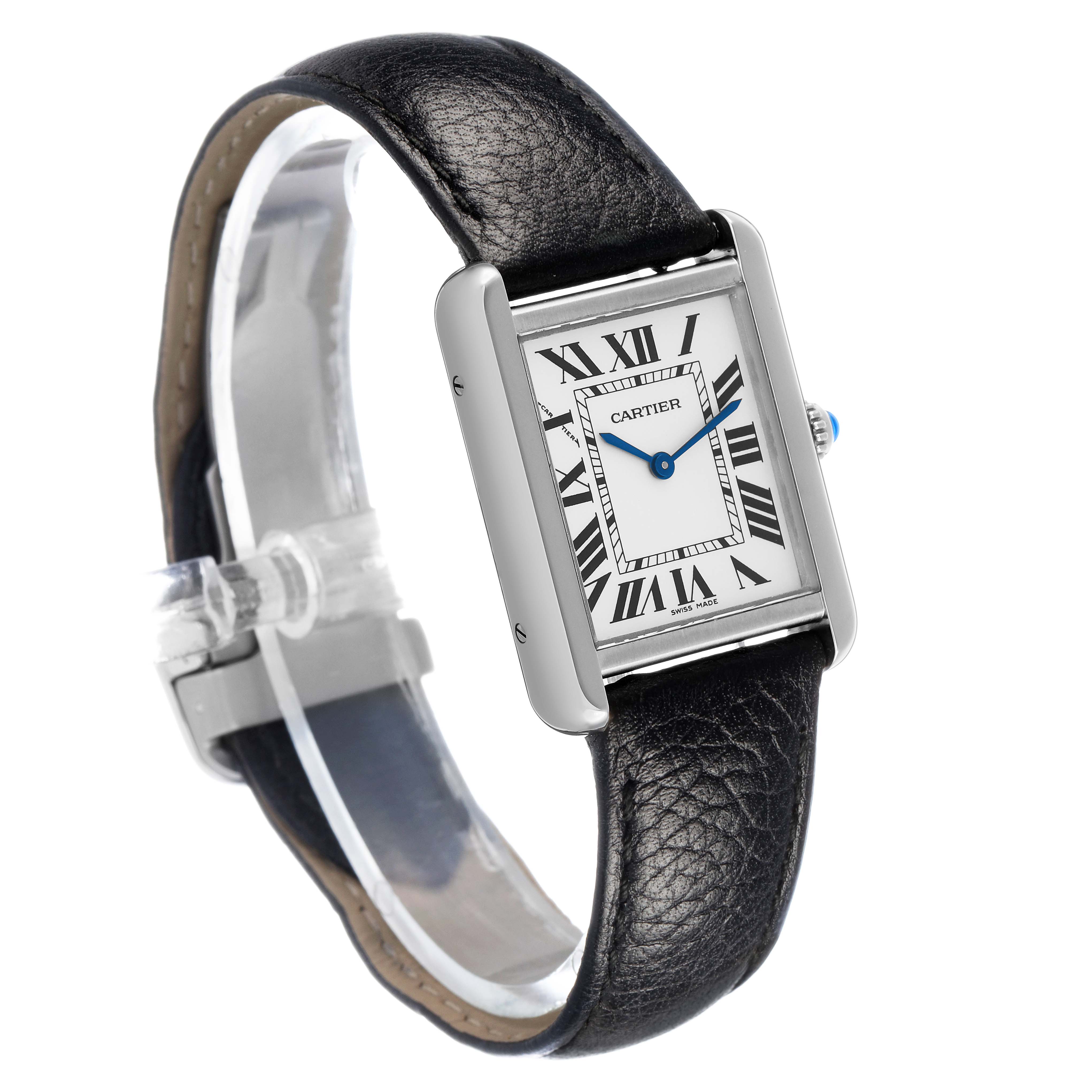 The Cartier Tank Solo WSTA0030 Women's Stainless Steel Silver Dial watch is shown at a three-quarter angle, highlighting the face, case, strap, and crown.
