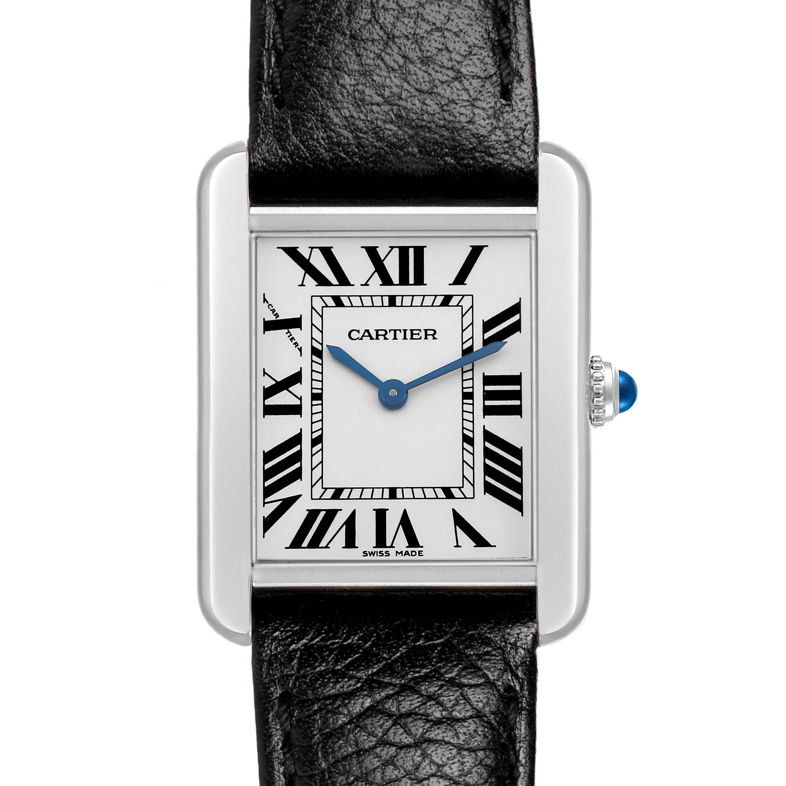 The Cartier Tank Solo WSTA0030 Women's Stainless Steel Silver Dial watch is shown from a front angle, highlighting the face, Roman numerals, and crown with a blue cabochon.