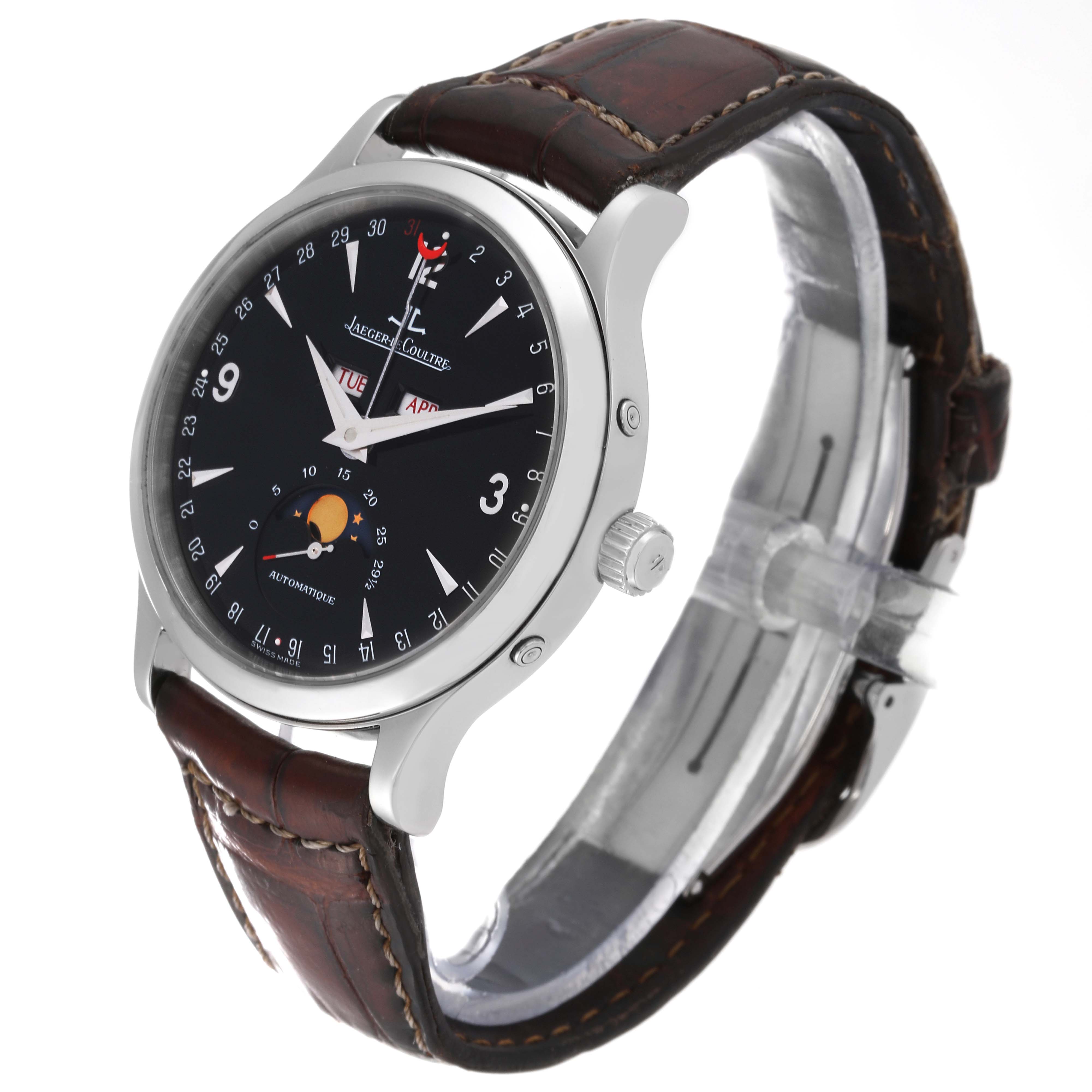 The image shows a three-quarter view of a Jaeger-LeCoultre Master model watch, highlighting its dial, crown, and leather strap.