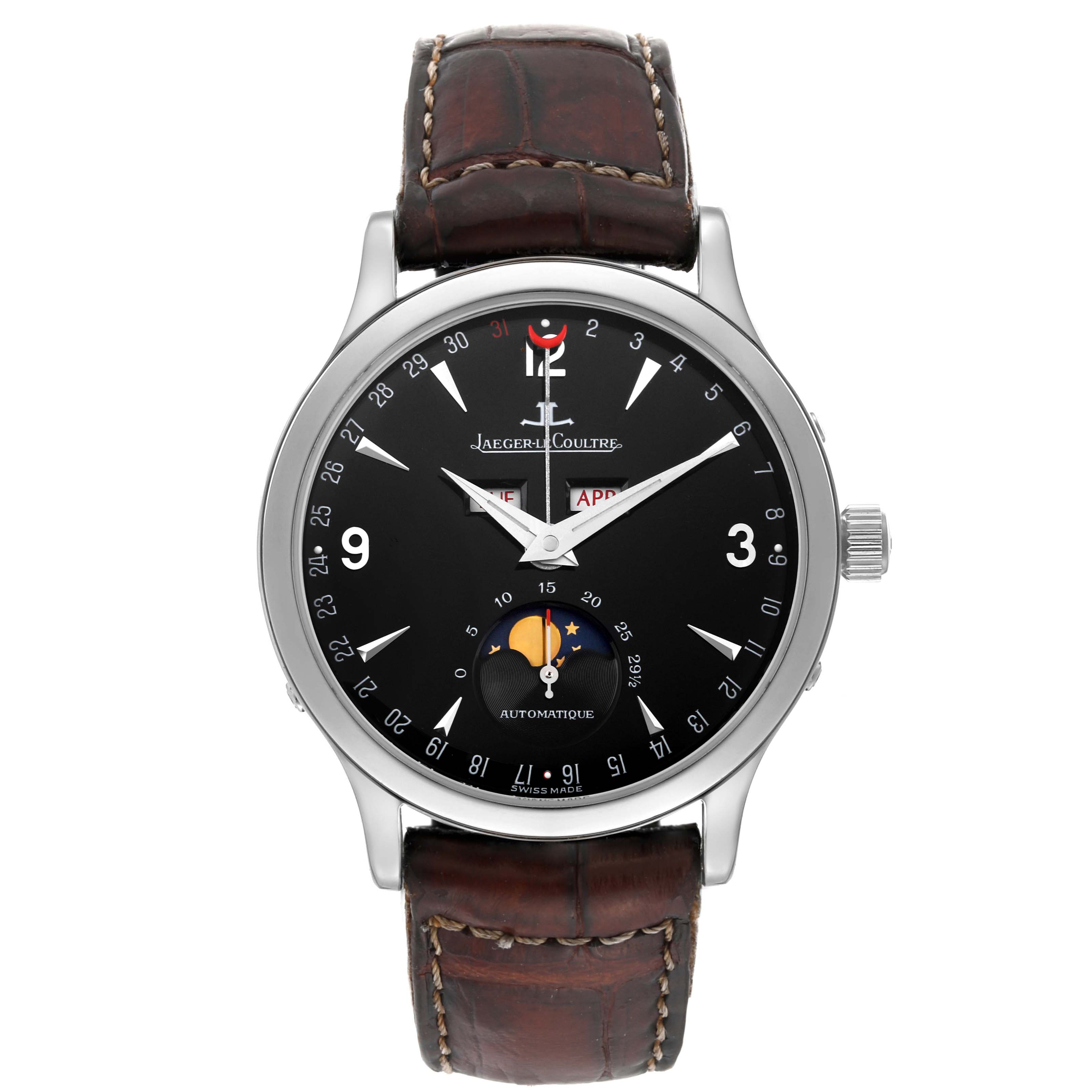 This image shows a Jaeger-LeCoultre Master model watch from a front angle, highlighting its black dial, moon phase indicator, and brown leather strap.