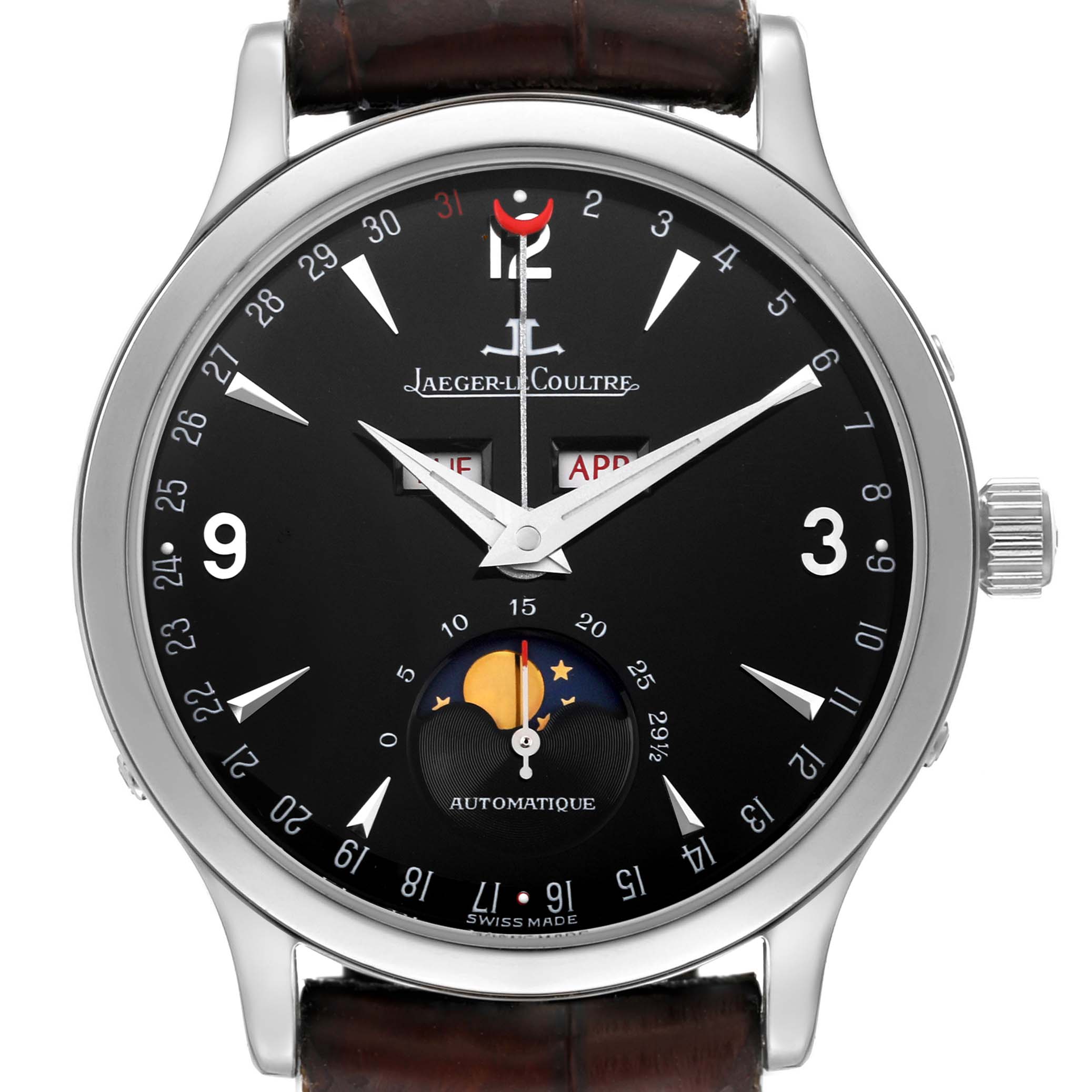 The image shows a front view of the Jaeger LeCoultre Master Q143847A Men's Stainless Steel Black Dial Q143847A Men's Stainless Steel Black Dial model watch with a visible moon phase and date features.