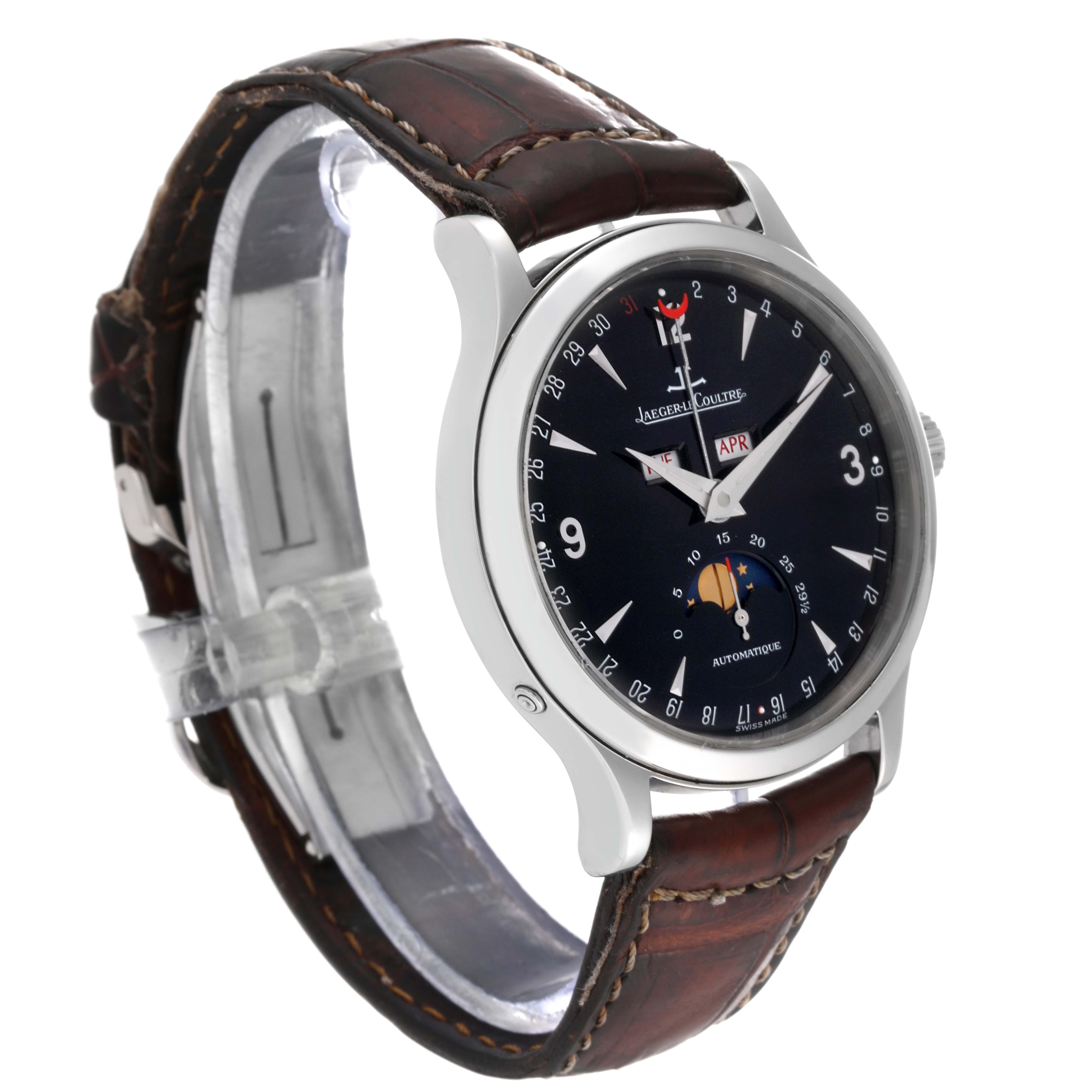 The Jaeger LeCoultre Master Q143847A Men's Stainless Steel Black Dial Q143847A Men's Stainless Steel Black Dial model watch is shown at a slightly angled front view, displaying the face, bezel, and strap.