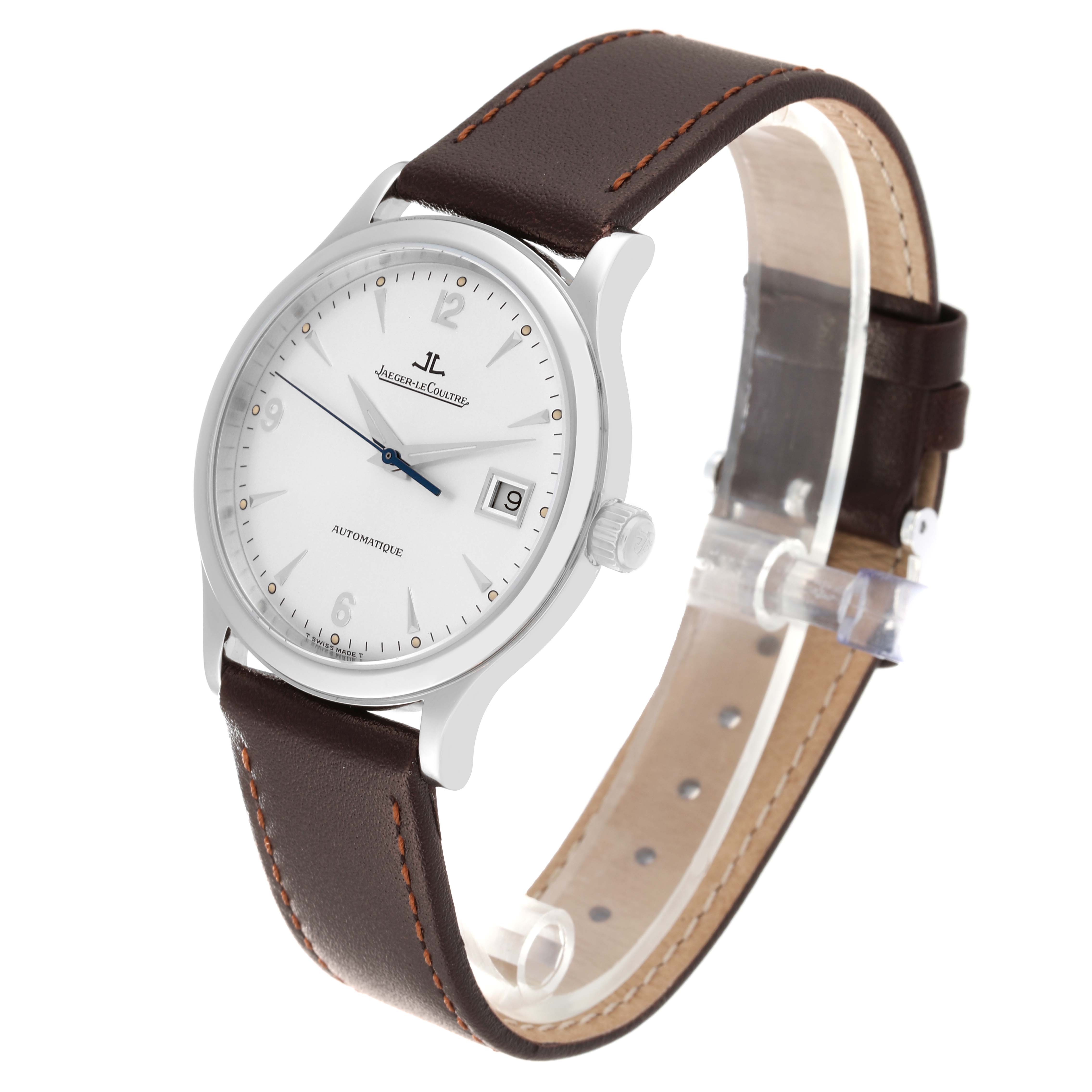 The image shows a Jaeger-LeCoultre Master model watch, viewed from a front angle, featuring its dial, case, crown, and brown leather strap.
