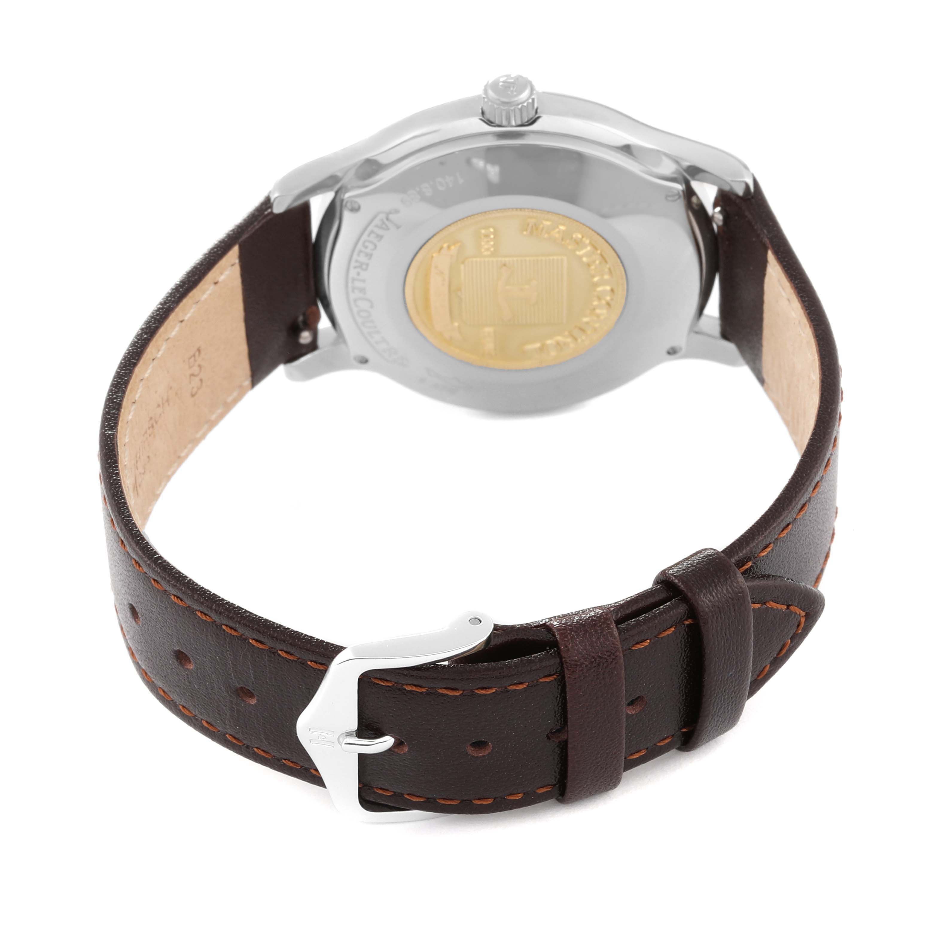 The image shows the back and strap of a Jaeger-LeCoultre Master model watch, with the back case and buckle visible.
