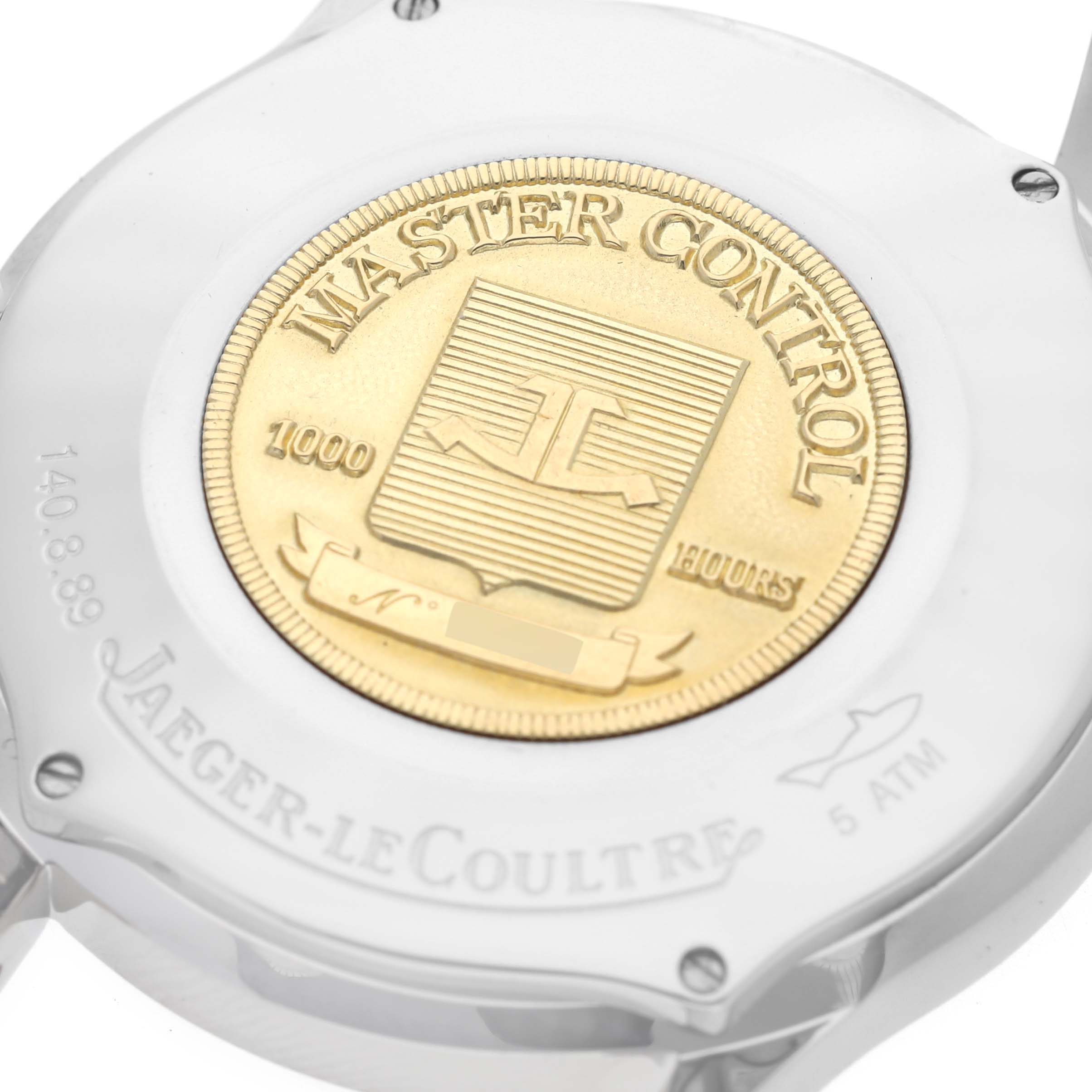 This image shows the case back of a Jaeger LeCoultre Master 140.840.892 Men's Stainless Steel Silver Dial 140.840.892 Men's Stainless Steel Silver Dial watch, highlighting the "Master Control" emblem.