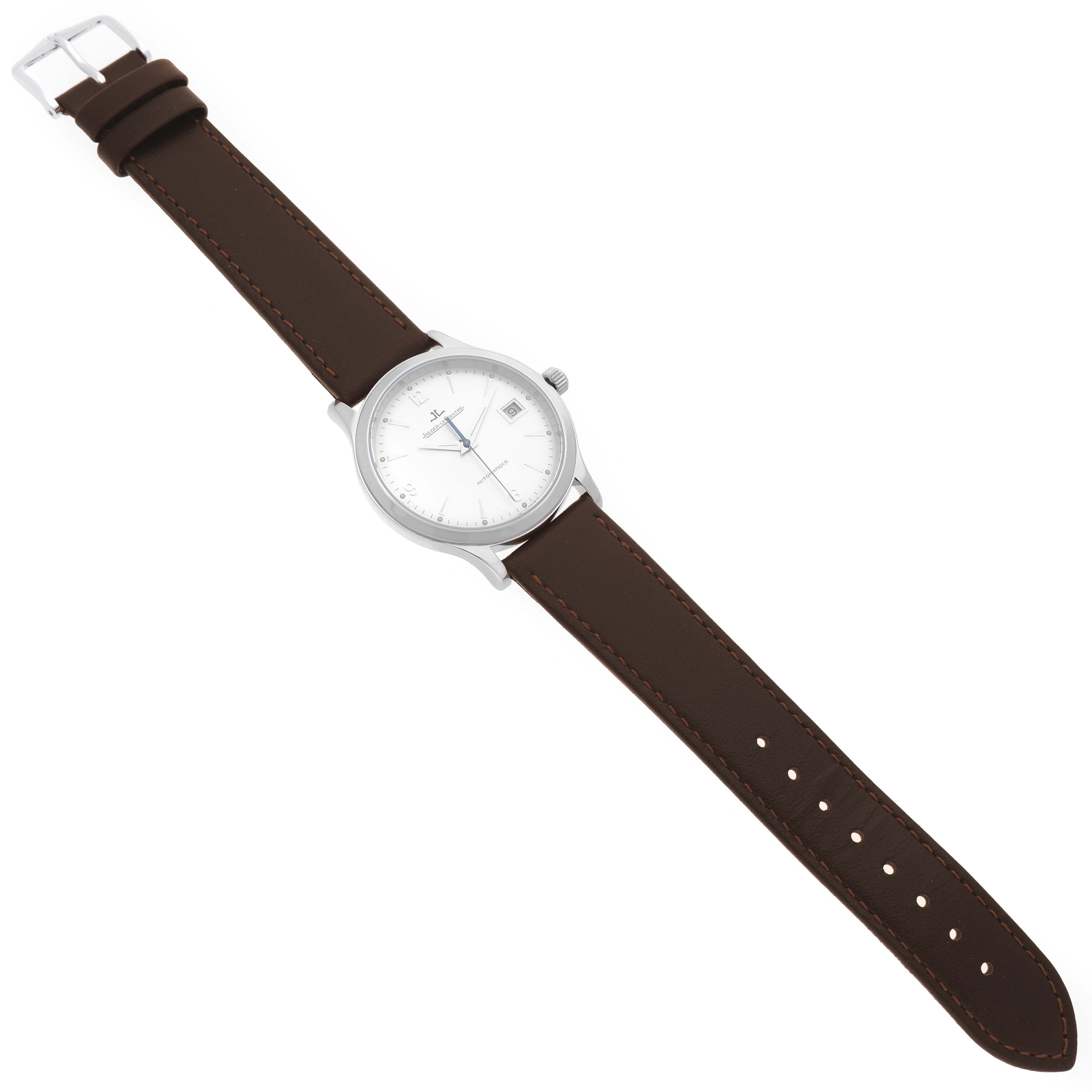 This Jaeger LeCoultre Master 140.840.892 Men's Stainless Steel Silver Dial 140.840.892 Men's Stainless Steel Silver Dial model watch is shown flat with a brown leather strap and a silver dial.