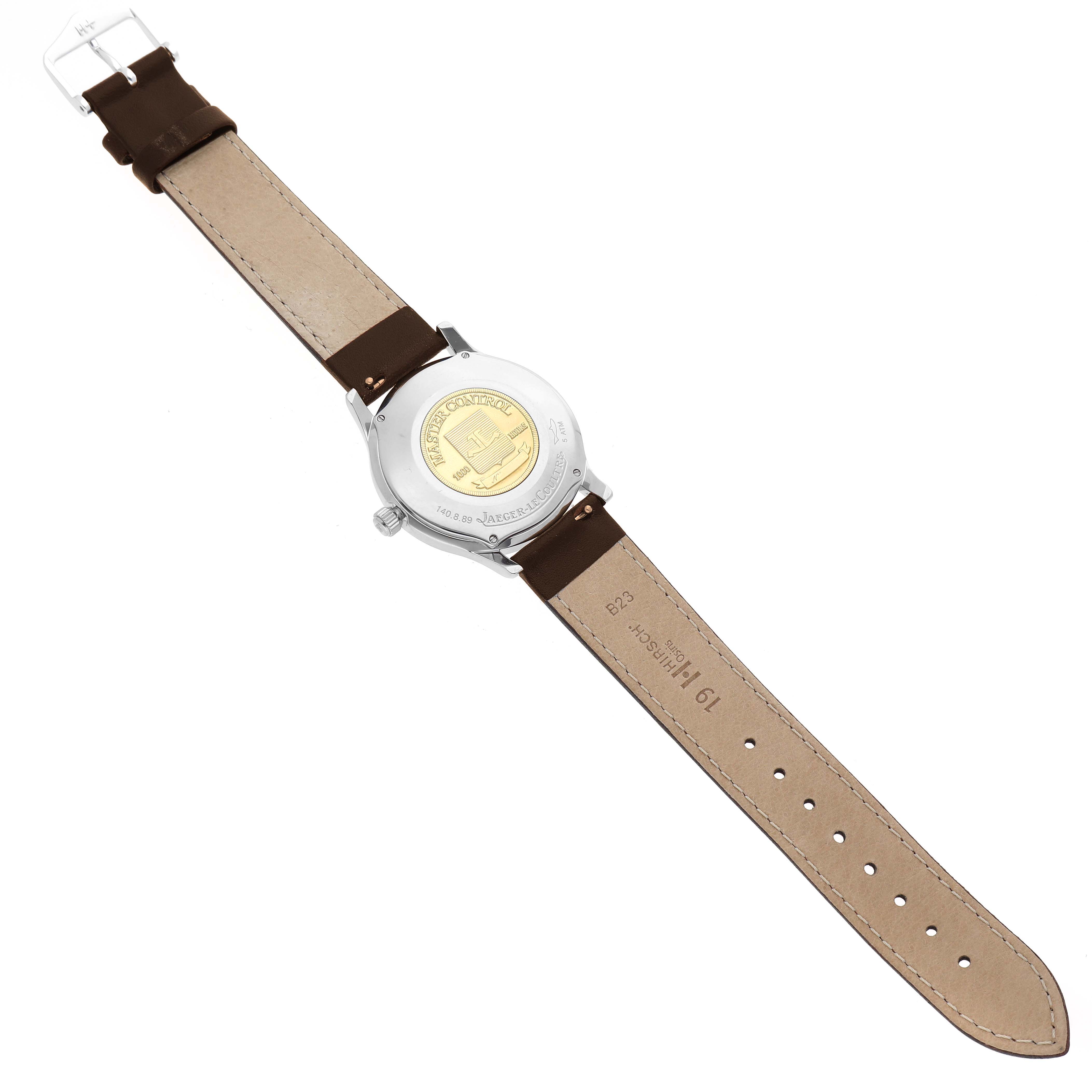 The image shows the back view of a Jaeger-LeCoultre Master model watch, featuring its case back and leather strap.