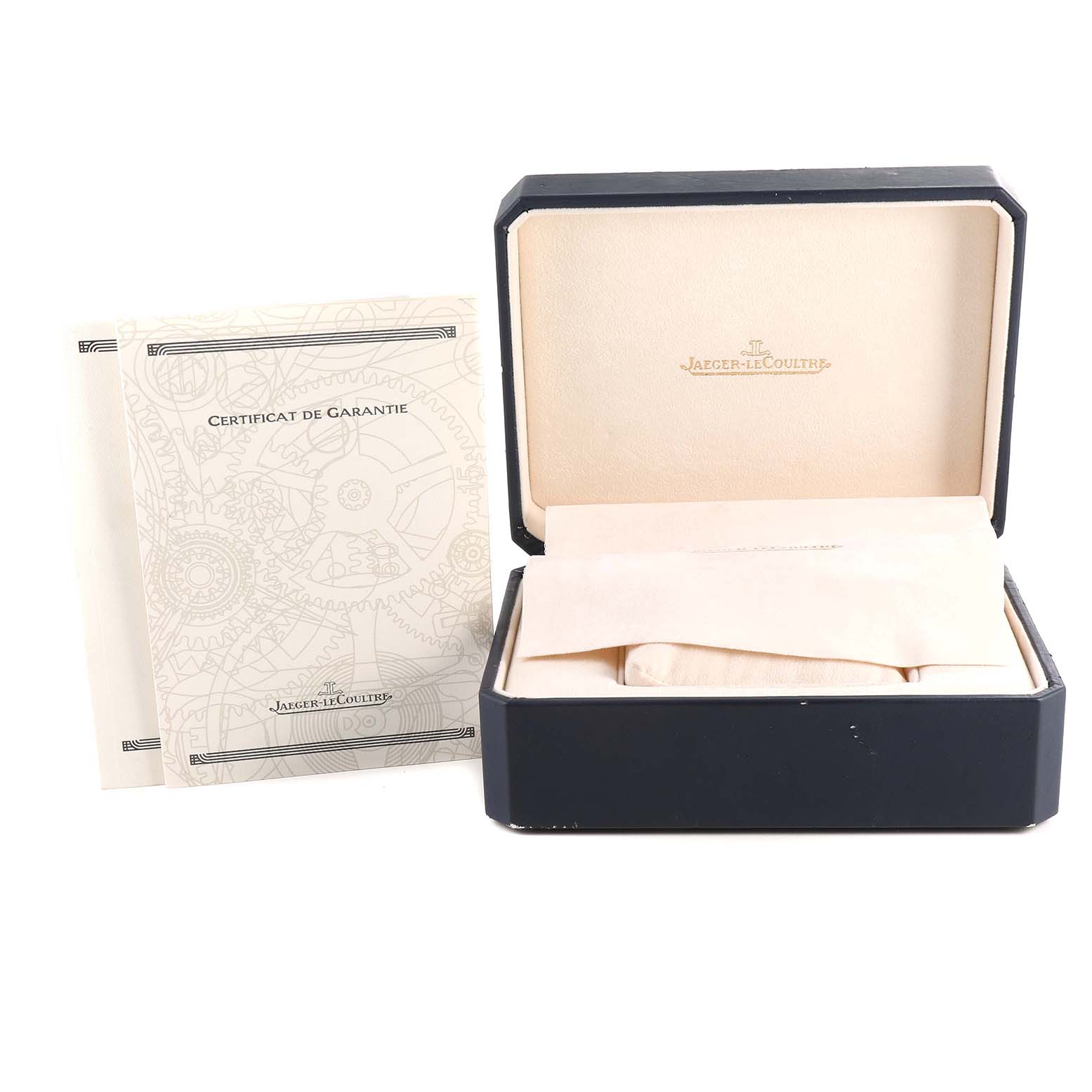 The image shows the packaging and guarantee certificate for a Jaeger-LeCoultre Master model watch.