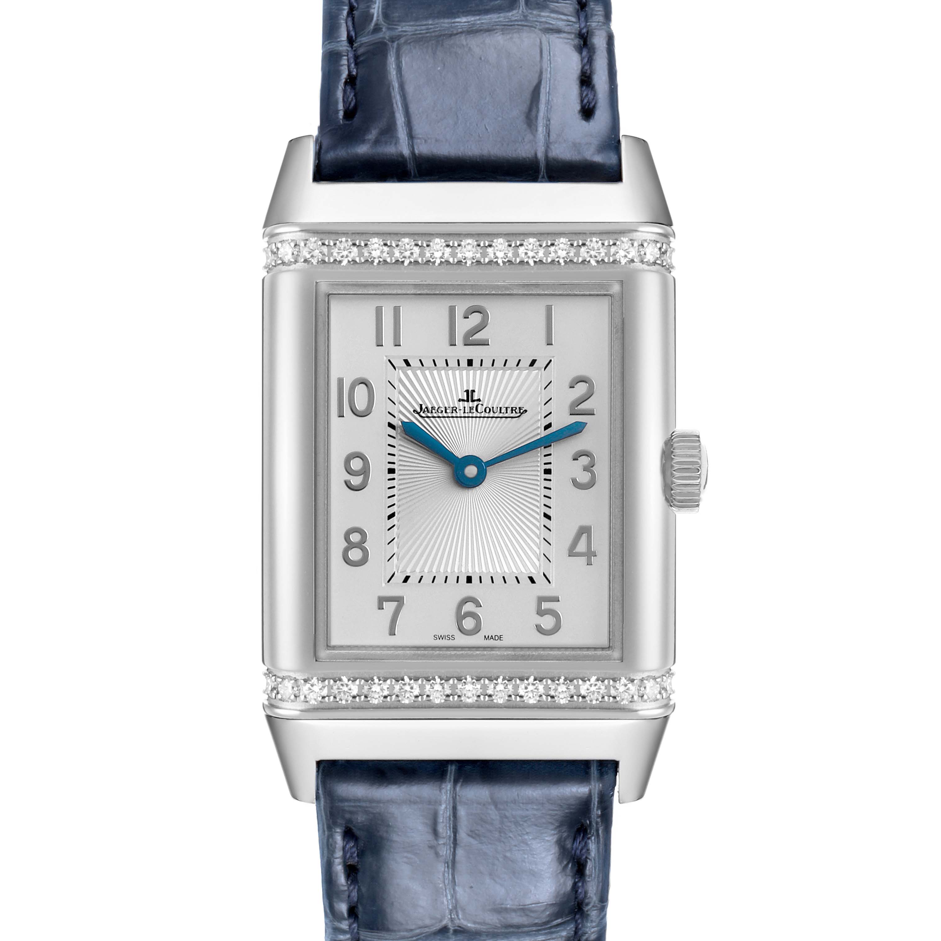 The Jaeger LeCoultre Reverso Q2578480 Women's Stainless Steel Blue Dial watch is shown from the front, displaying the rectangular dial, crown, and blue leather strap.