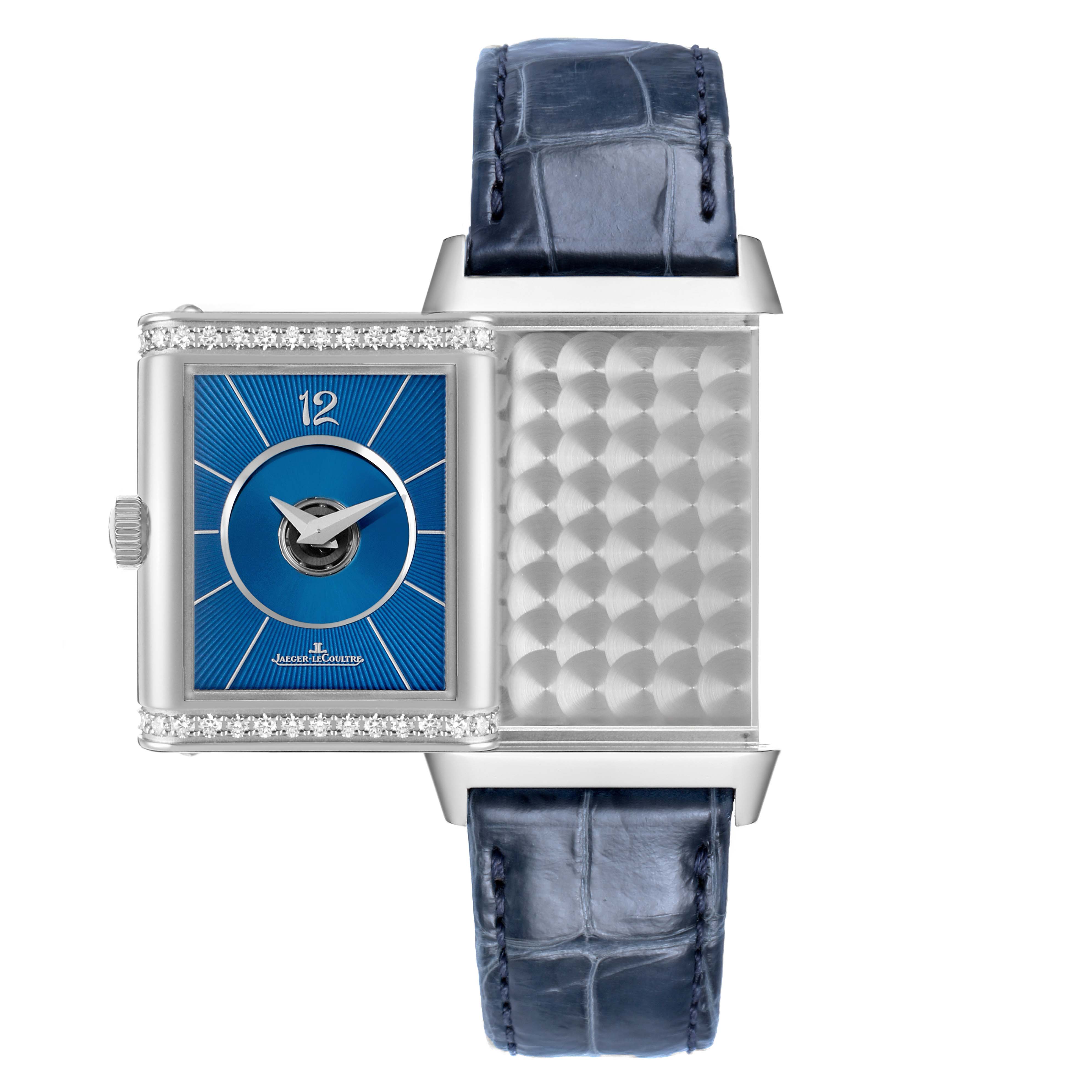 The Jaeger LeCoultre Reverso Q2578480 Women's Stainless Steel Blue Dial watch is shown partially flipped, revealing the back and front blue dial with diamond accents.