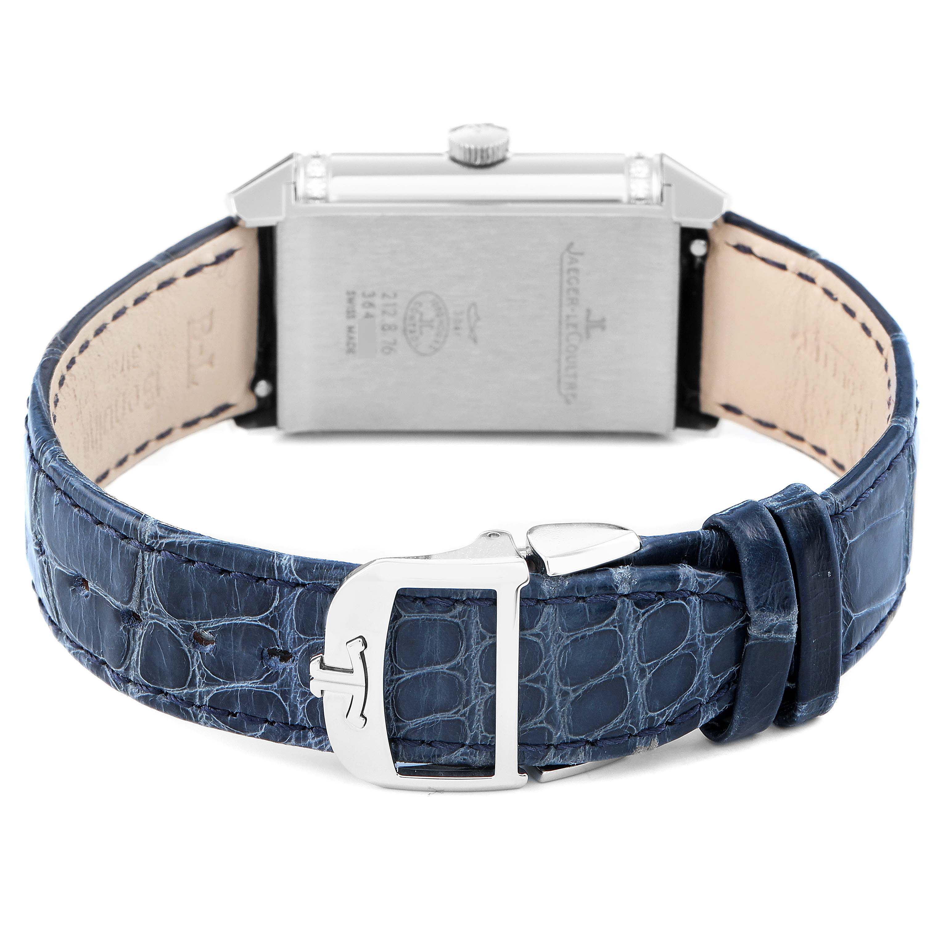 The image shows the back and side profile of a Jaeger LeCoultre Reverso Q2578480 Women's Stainless Steel Blue Dial watch, highlighting the clasp and blue leather strap.