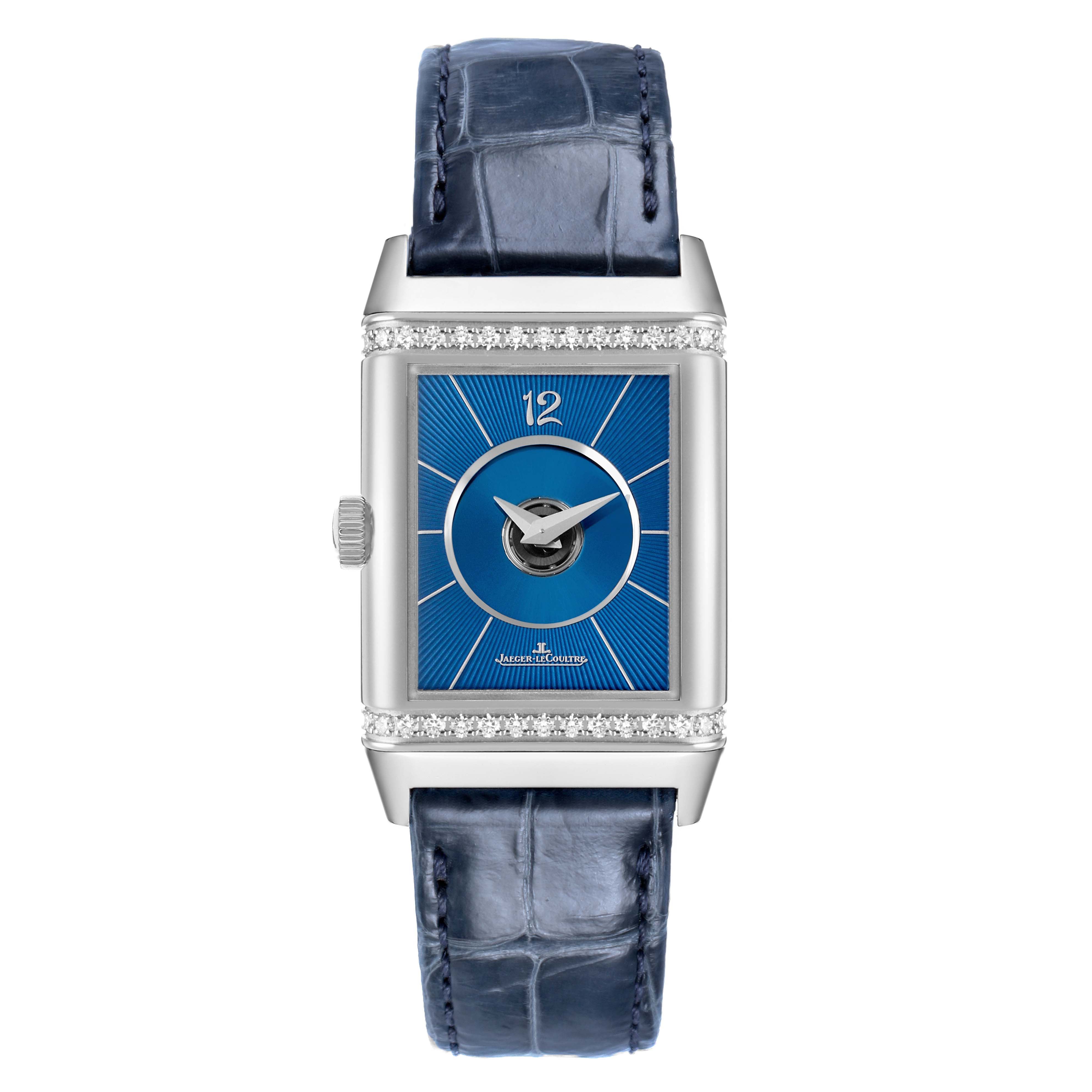 The Jaeger LeCoultre Reverso Q2578480 Women's Stainless Steel Blue Dial watch is shown from the front, displaying its blue dial, silver case, and blue leather strap.