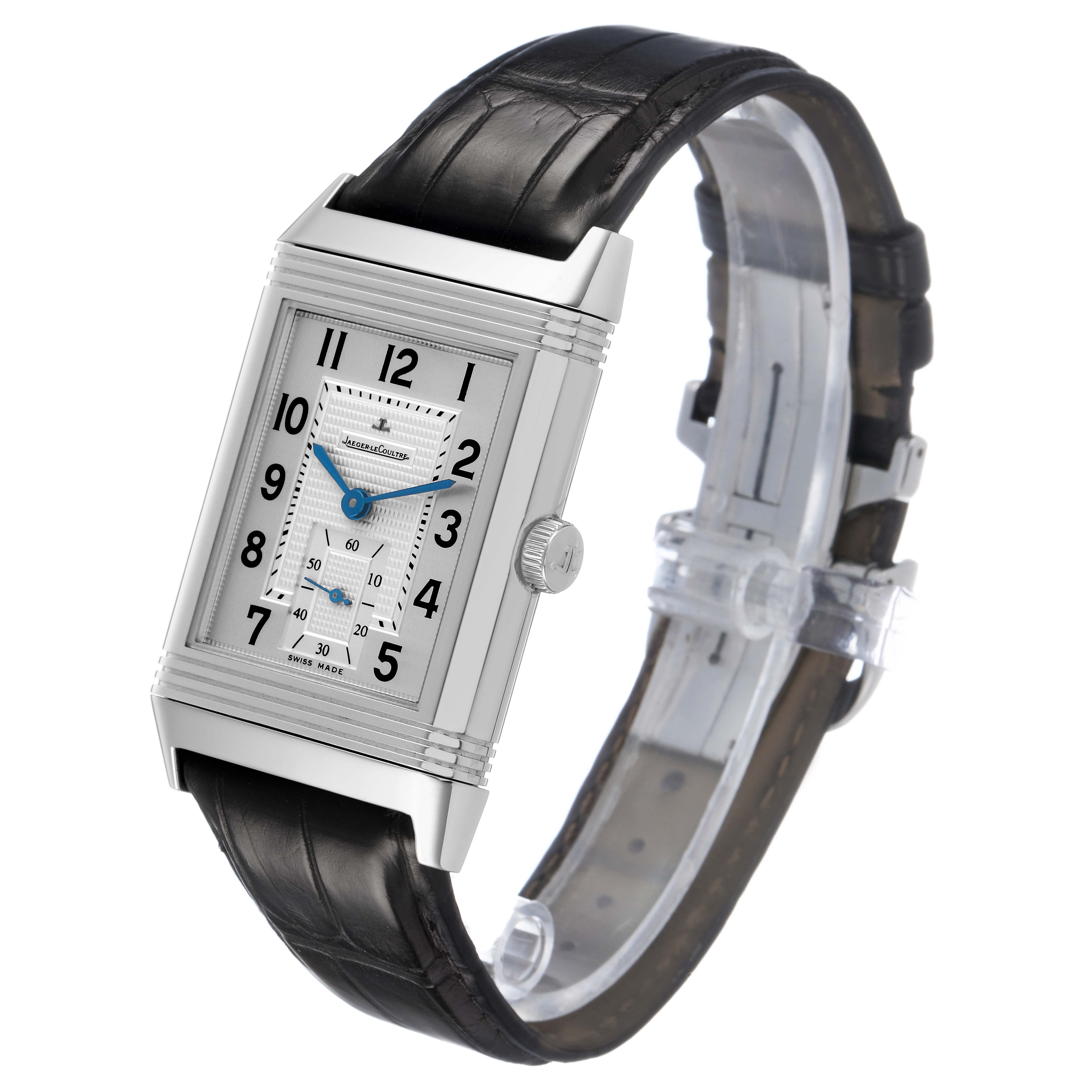 The Jaeger-LeCoultre Reverso watch is shown from a slightly angled side view, highlighting its rectangular face and black leather strap.