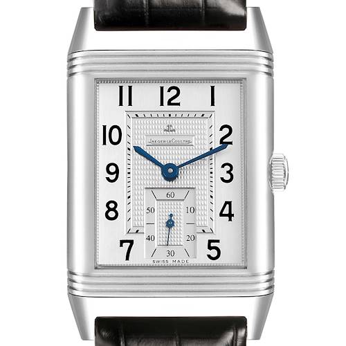 The Jaeger-LeCoultre Reverso watch is shown from the front, displaying the dial and hands, with part of the black strap visible.
