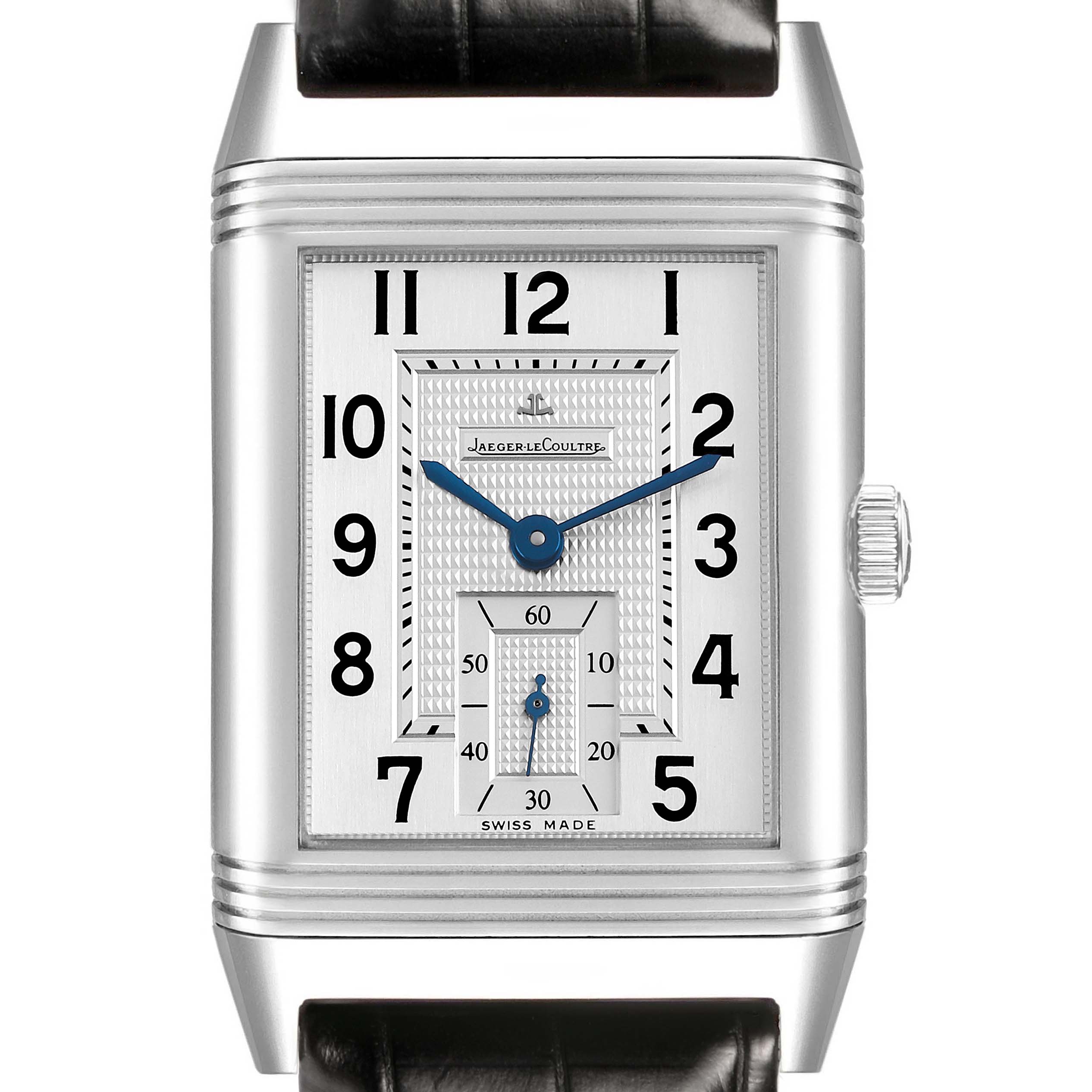 The image shows a frontal view of a Jaeger-LeCoultre Reverso watch, displaying the dial, hands, crown, and part of the strap.