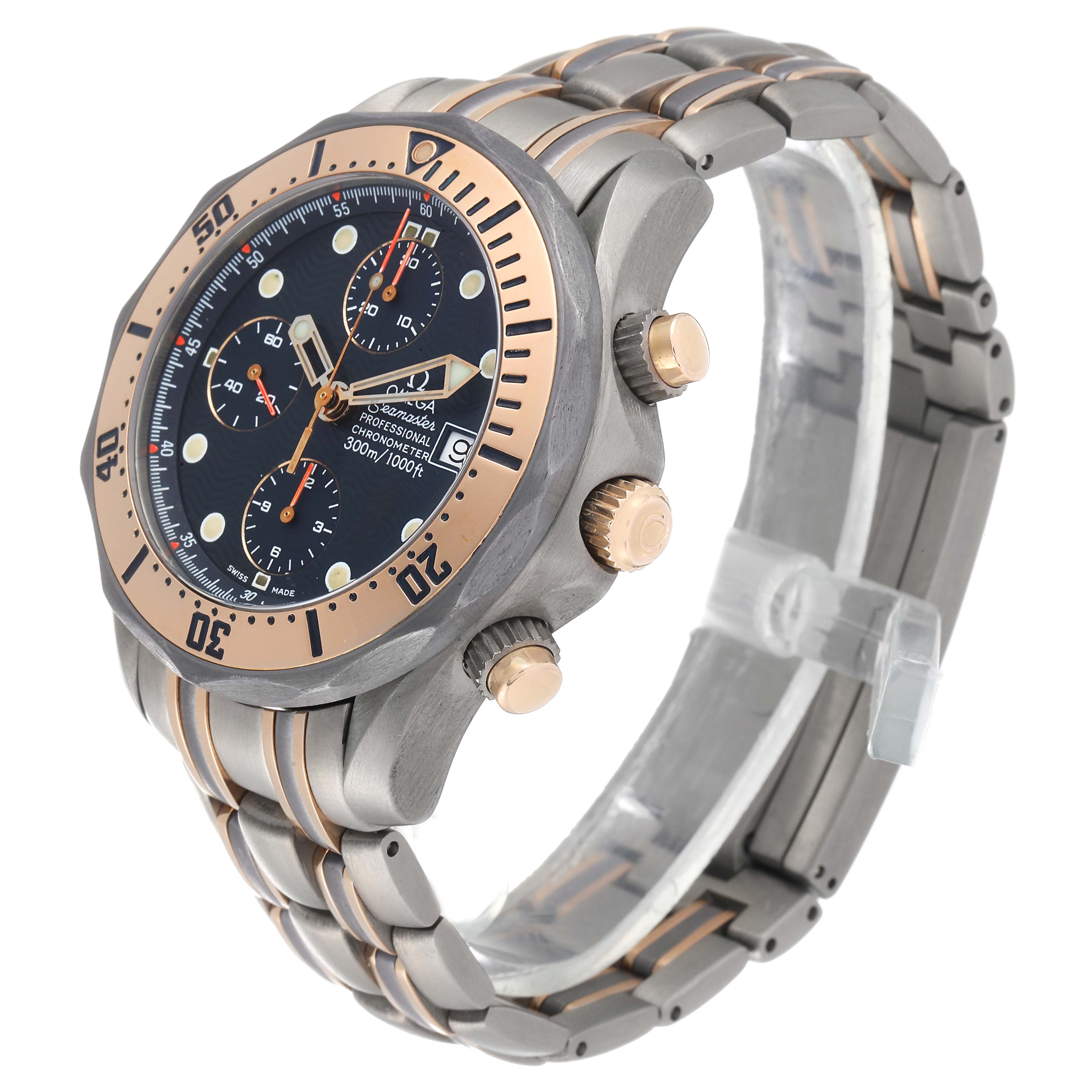 The Omega Seamaster 2296.80.00 Men's Titanium Blue Dial 2296.80.00 Men's Titanium Blue Dial watch is shown at a side angle, featuring its bezel, bracelet, three subdials, and crown.