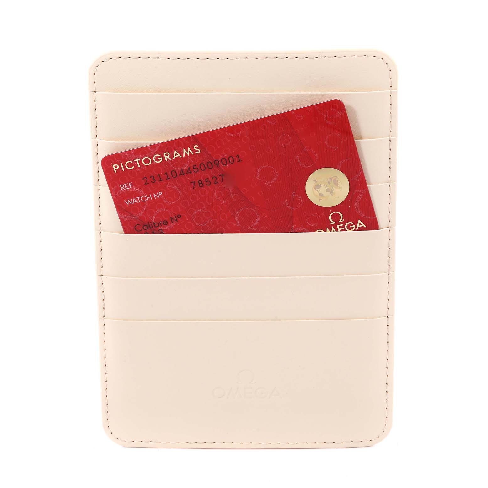 The image shows an Omega Aqua Terra 231.10.43.22.01.002 Men's Stainless Steel Black Dial 231.10.43.22.01.002 Men's Stainless Steel Black Dial warranty card inside a white cardholder.