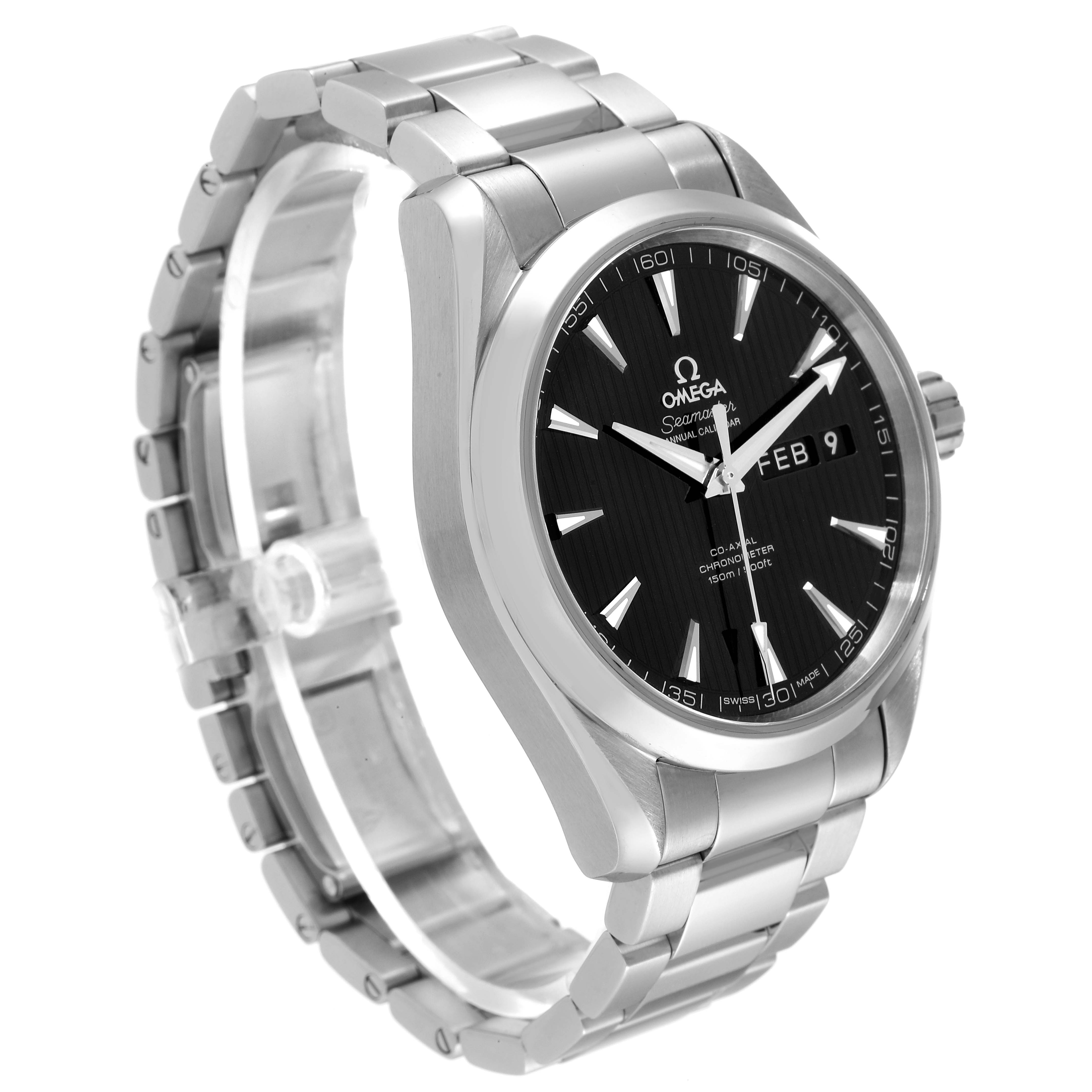 This image shows the Omega Aqua Terra 231.10.43.22.01.002 Men's Stainless Steel Black Dial 231.10.43.22.01.002 Men's Stainless Steel Black Dial watch at a three-quarter angle, highlighting its face, bracelet, and clasp.