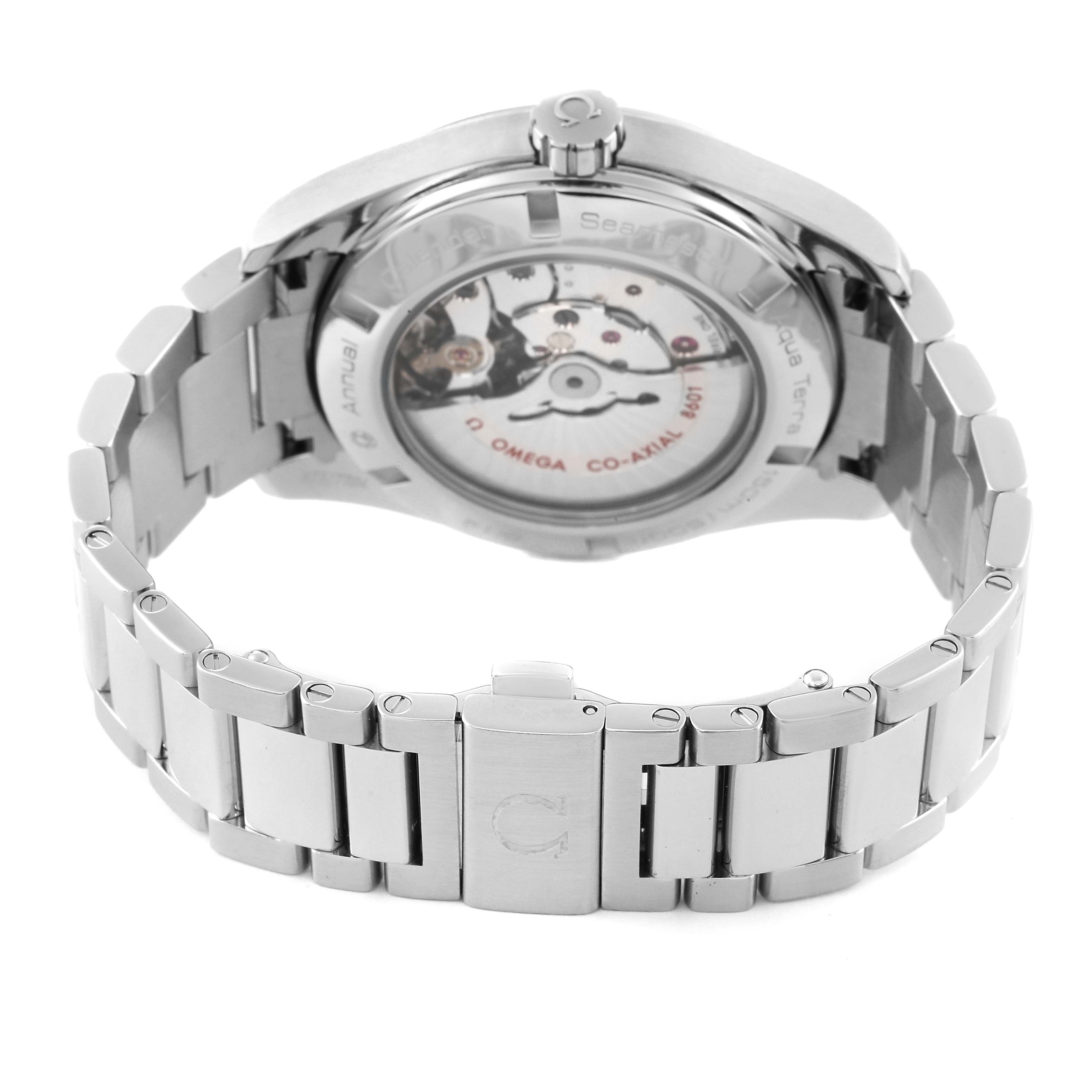 The image shows the back view of the Omega Aqua Terra 231.10.43.22.01.002 Men's Stainless Steel Black Dial 231.10.43.22.01.002 Men's Stainless Steel Black Dial watch, highlighting the stainless steel bracelet and transparent case back.