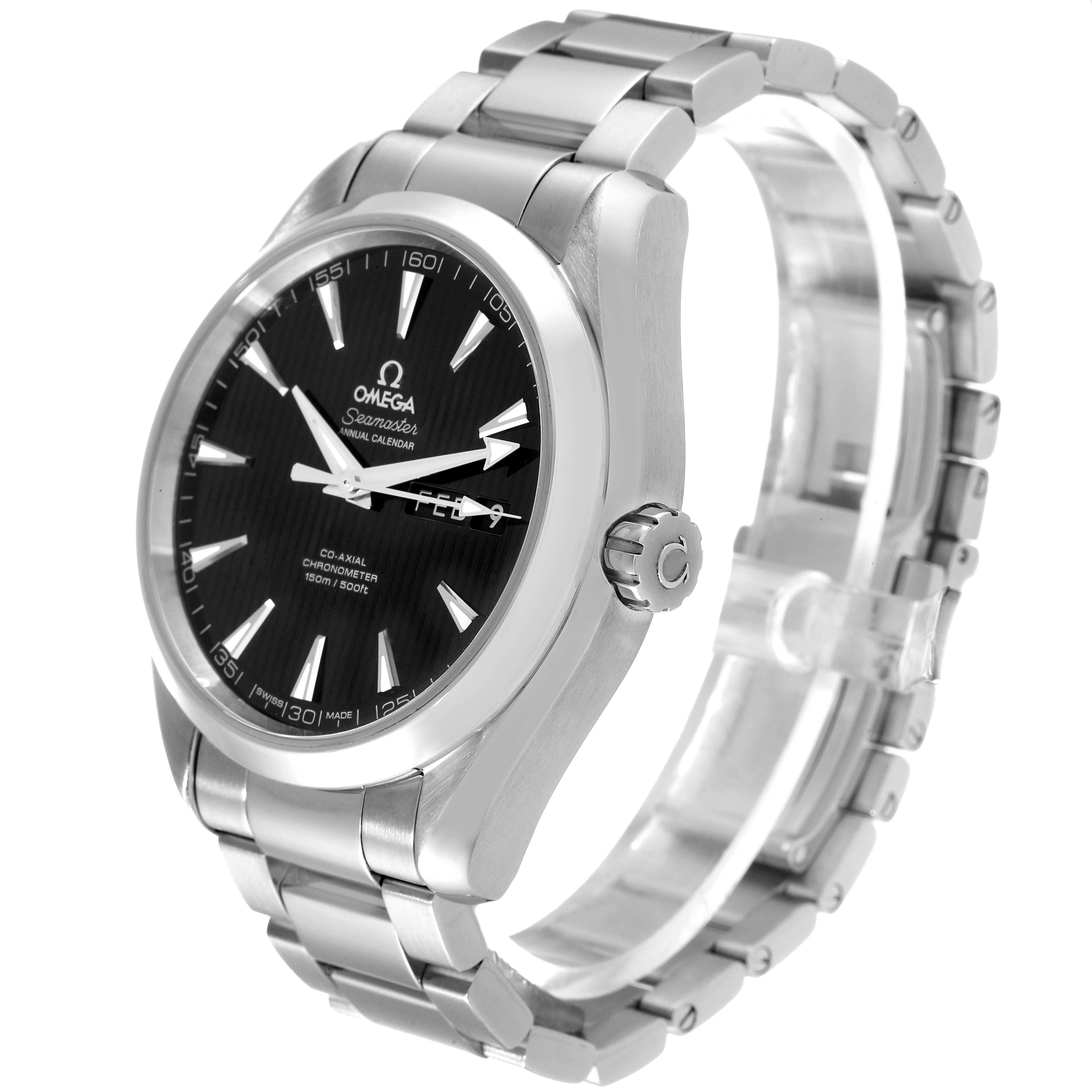 The image shows an Omega Aqua Terra 231.10.43.22.01.002 Men's Stainless Steel Black Dial 231.10.43.22.01.002 Men's Stainless Steel Black Dial watch at a three-quarter angle, highlighting the bracelet, case, crown, and face.