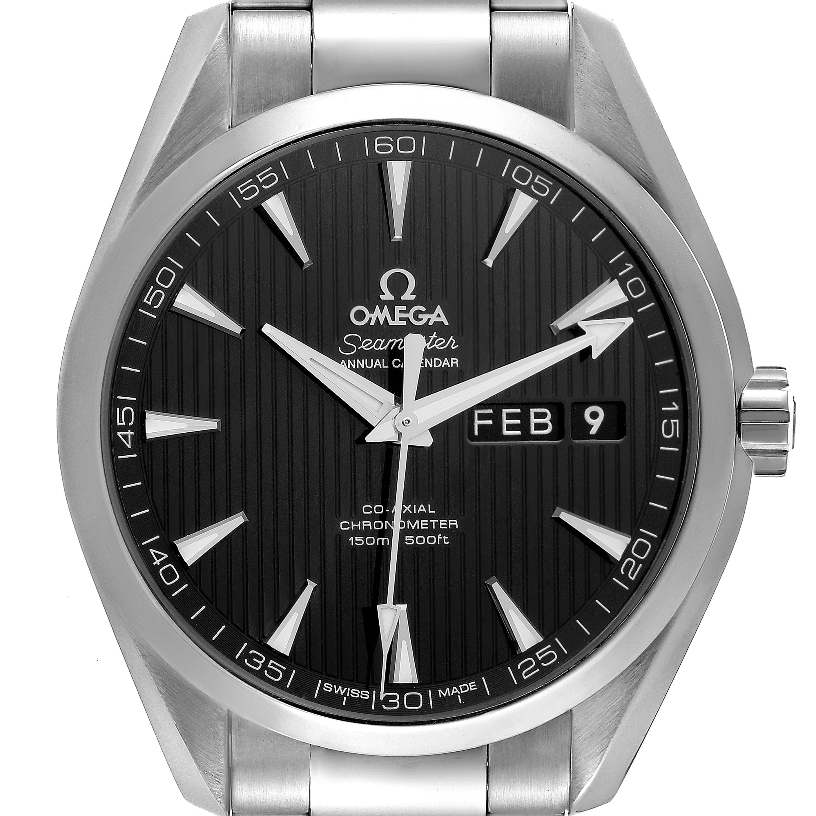 The image shows a front view of the Omega Aqua Terra 231.10.43.22.01.002 Men's Stainless Steel Black Dial 231.10.43.22.01.002 Men's Stainless Steel Black Dial watch face, highlighting the date, hands, and brand details.