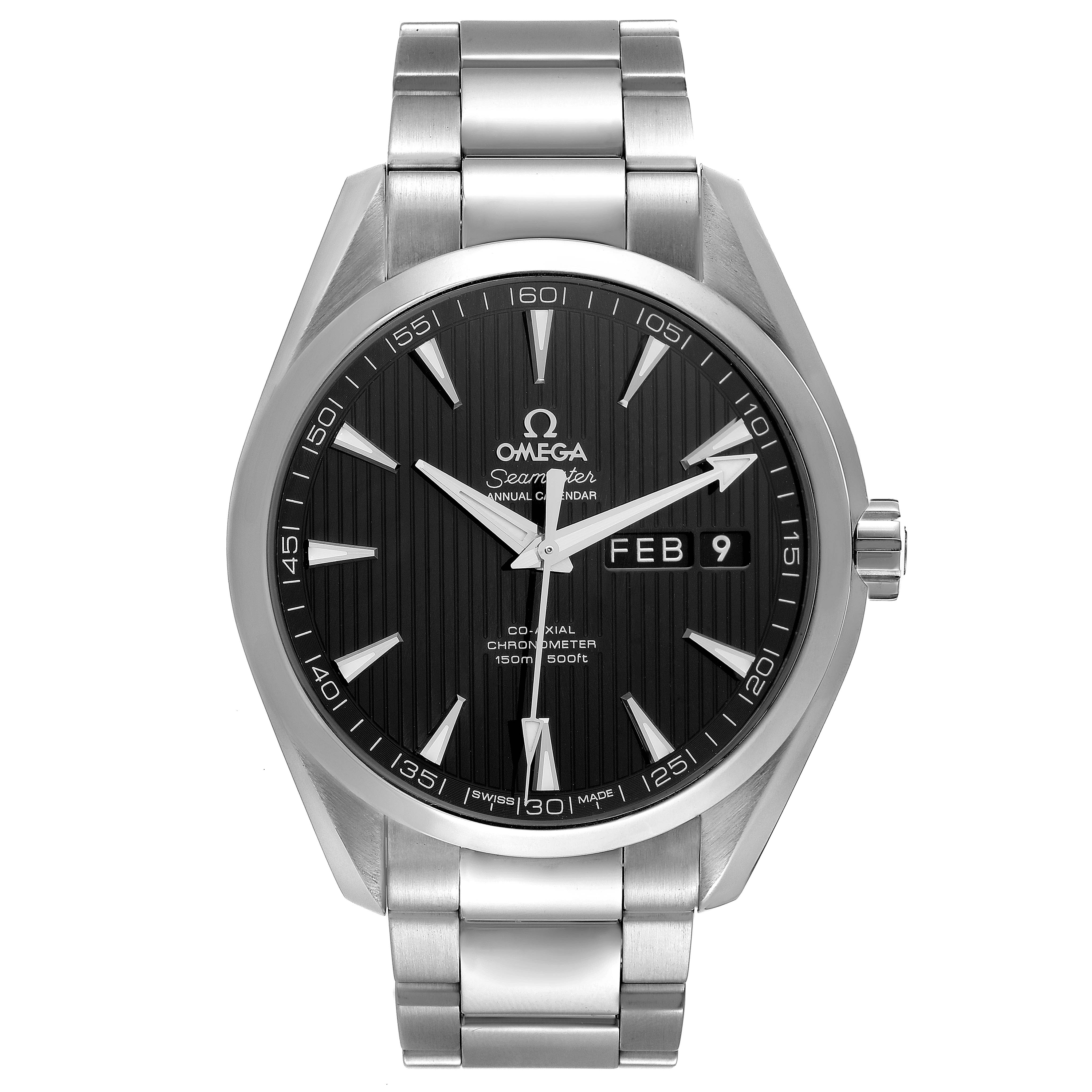 The image shows a front view of the Omega Aqua Terra 231.10.43.22.01.002 Men's Stainless Steel Black Dial 231.10.43.22.01.002 Men's Stainless Steel Black Dial watch, displaying its face, bezel, crown, and bracelet.