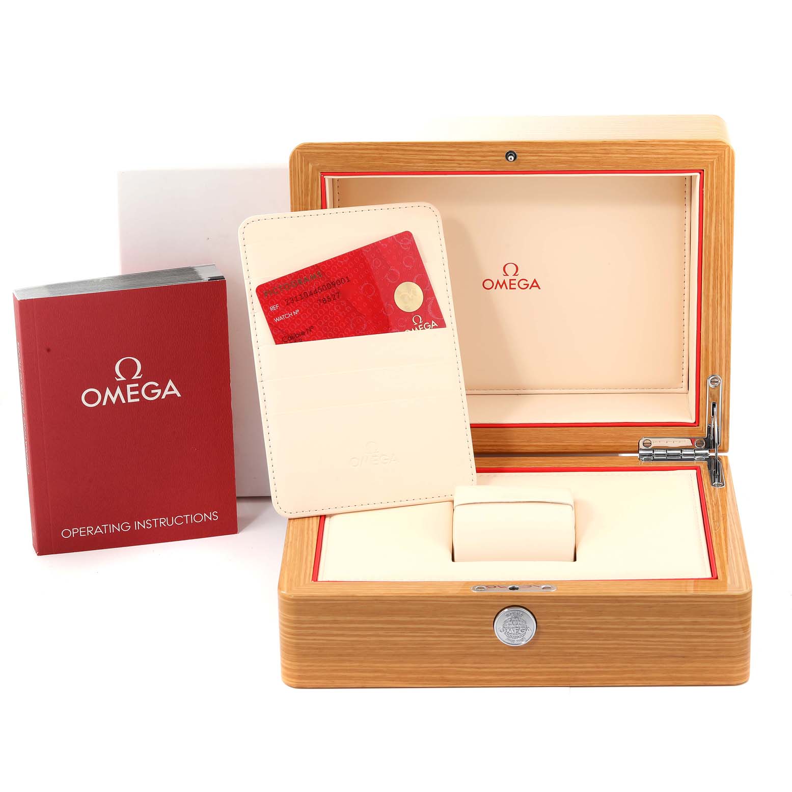 The image shows an Omega Aqua Terra 231.10.43.22.01.002 Men's Stainless Steel Black Dial 231.10.43.22.01.002 Men's Stainless Steel Black Dial watch box, operating instructions, and wallet with cards.