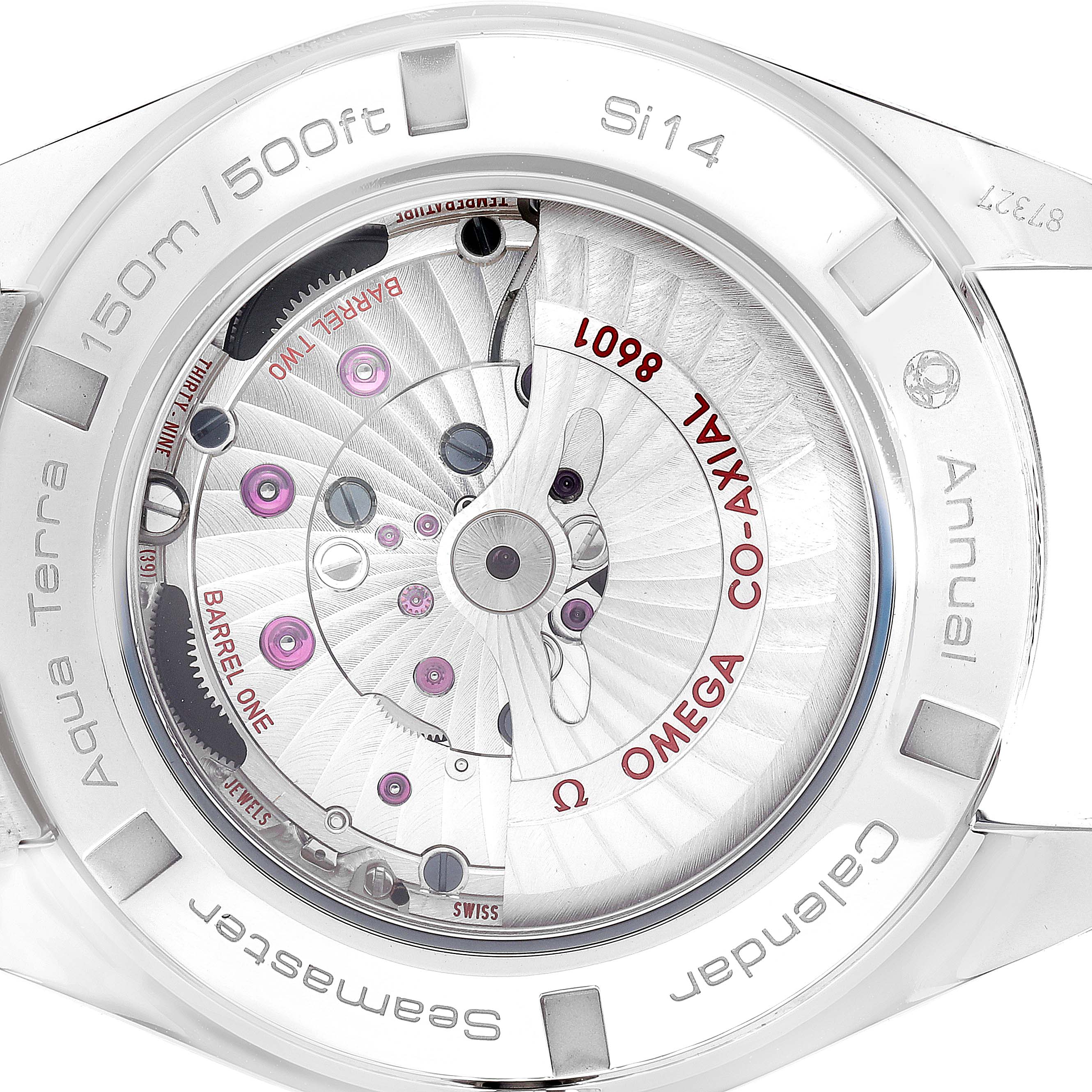 This image shows the back view of the Omega Aqua Terra 231.10.43.22.01.002 Men's Stainless Steel Black Dial 231.10.43.22.01.002 Men's Stainless Steel Black Dial watch, highlighting the inner mechanical components.