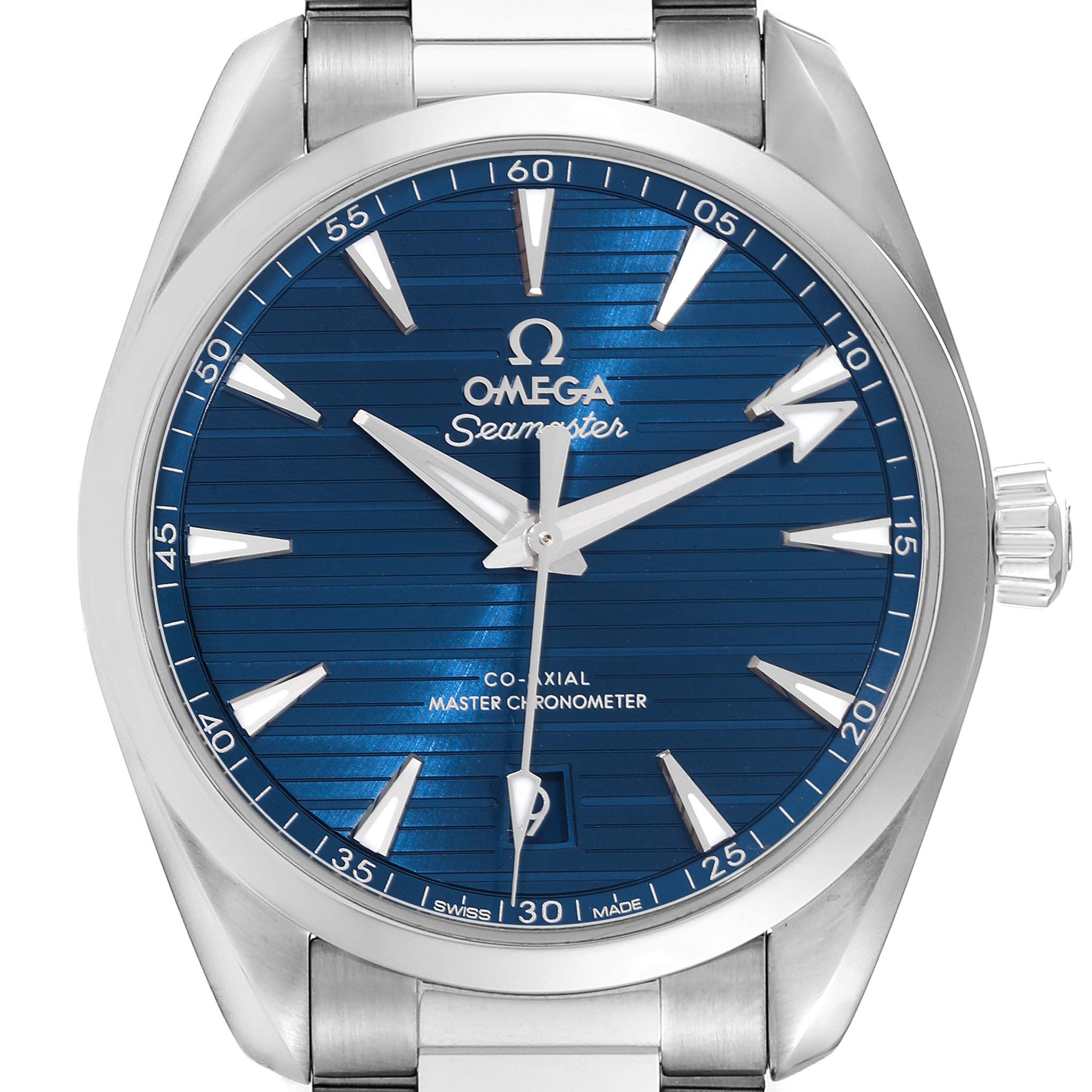 The image shows a front view of the Omega Aqua Terra 220.10.38.20.03.001 Men's Stainless Steel Blue Dial 220.10.38.20.03.001 Men's Stainless Steel Blue Dial Seamaster watch, highlighting the blue dial, hour markers, hands, and crown.