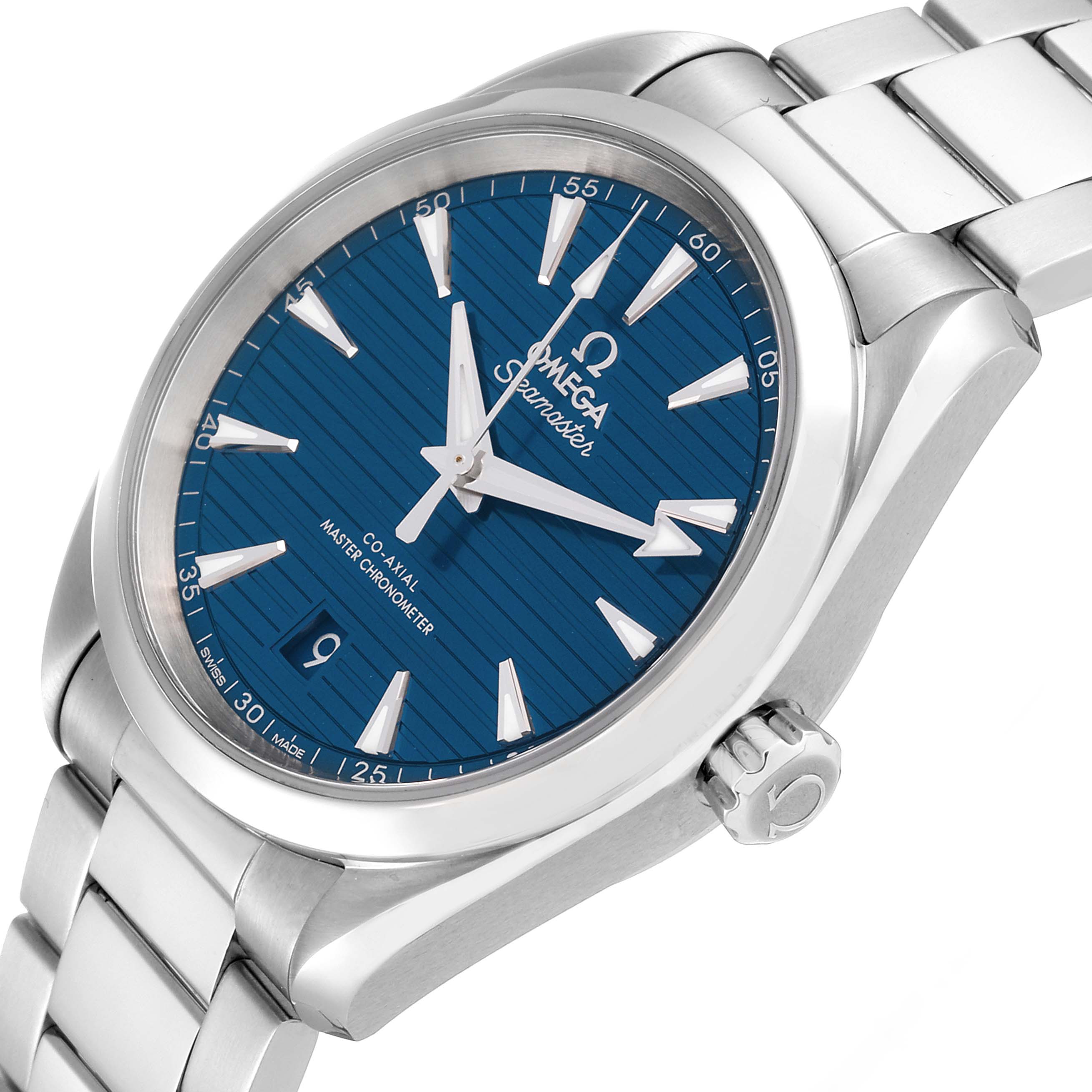 The image shows an Omega Aqua Terra 220.10.38.20.03.001 Men's Stainless Steel Blue Dial 220.10.38.20.03.001 Men's Stainless Steel Blue Dial watch at an angled close-up, highlighting its blue dial, silver bezel, and metal bracelet.