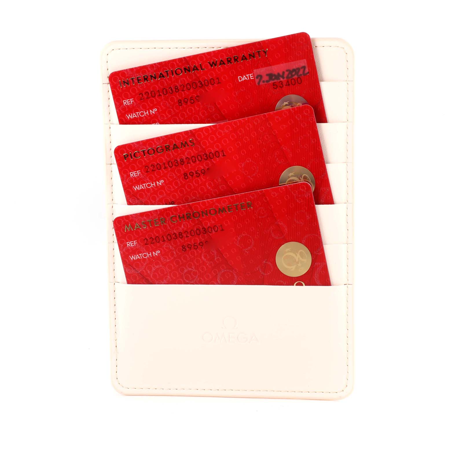 This image shows the Omega Aqua Terra 220.10.38.20.03.001 Men's Stainless Steel Blue Dial 220.10.38.20.03.001 Men's Stainless Steel Blue Dial model's cards including the International Warranty, Pictograms, and Master Chronometer in a white holder.