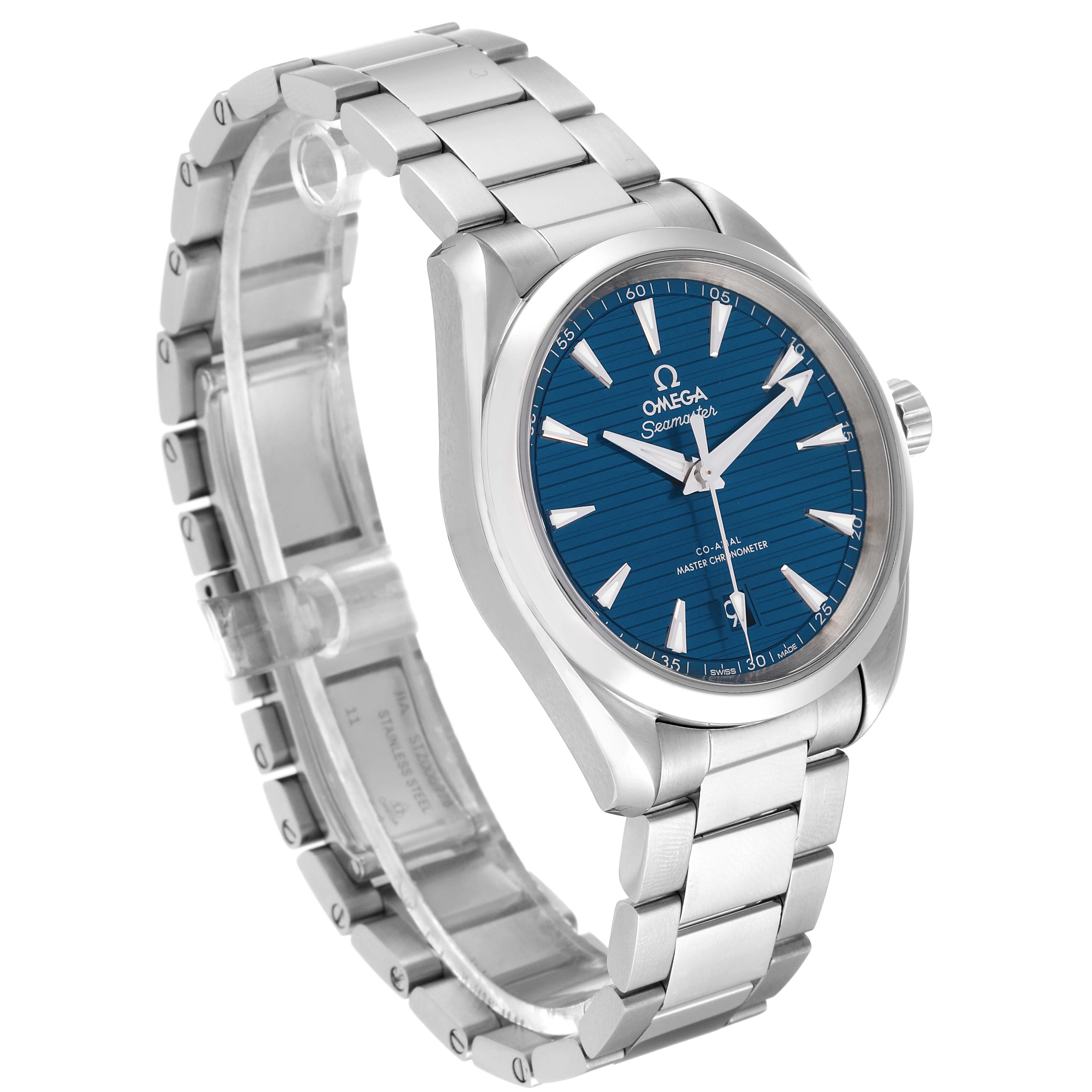 The image shows an Omega Aqua Terra 220.10.38.20.03.001 Men's Stainless Steel Blue Dial 220.10.38.20.03.001 Men's Stainless Steel Blue Dial watch from a front-side angle, highlighting its blue dial and stainless steel bracelet.