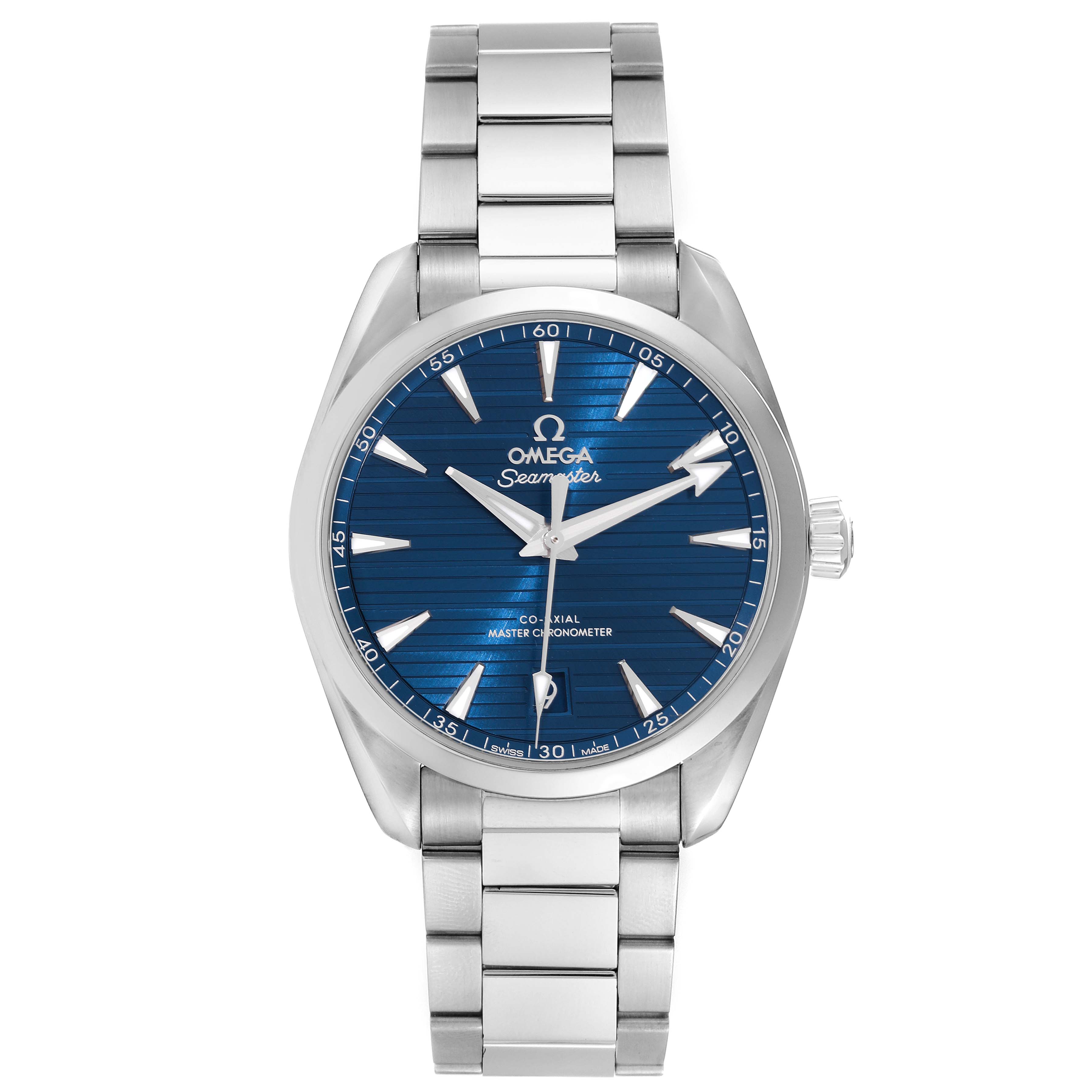 This is a front view of the Omega Aqua Terra 220.10.38.20.03.001 Men's Stainless Steel Blue Dial 220.10.38.20.03.001 Men's Stainless Steel Blue Dial watch, showing the face, crown, and bracelet.
