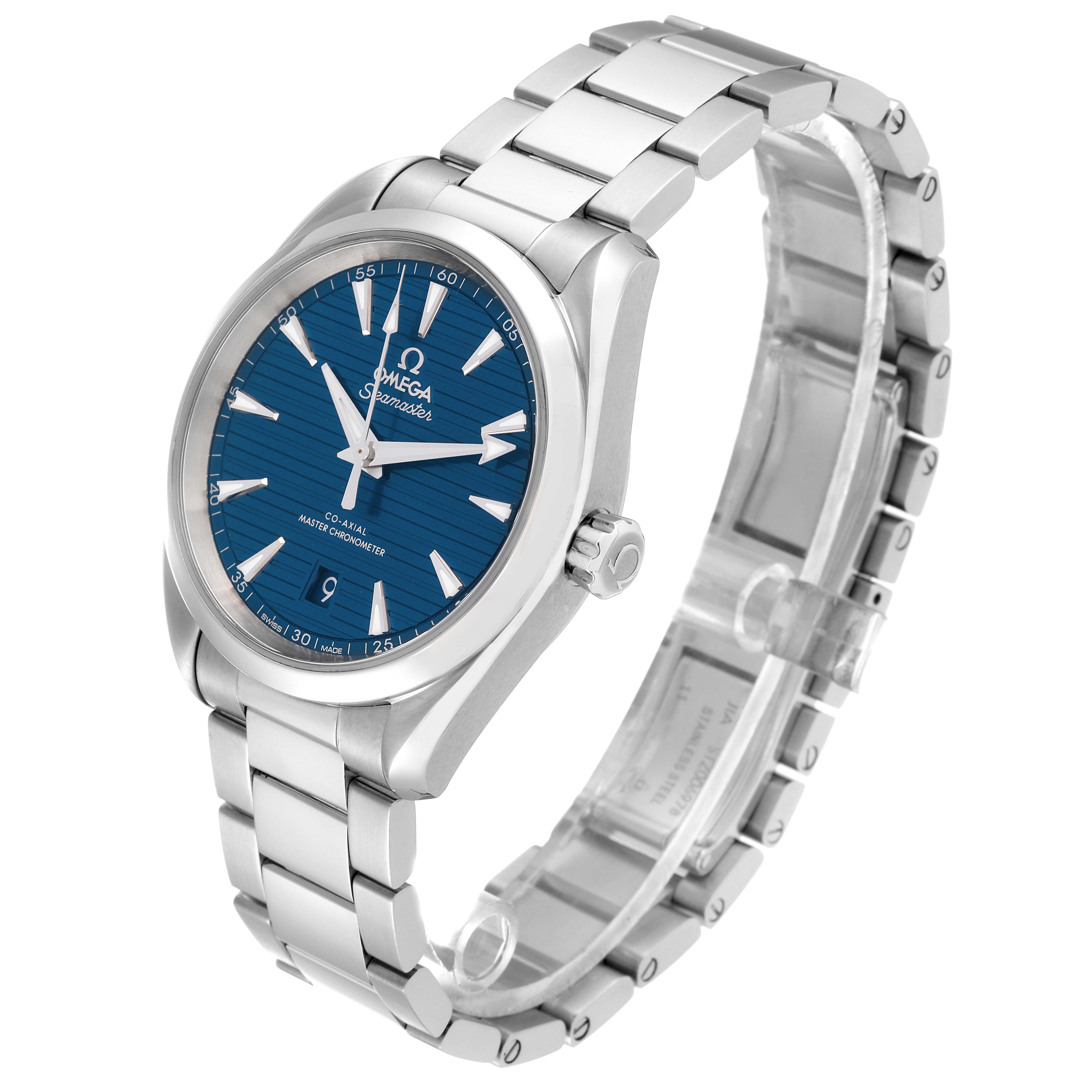 This image shows an Omega Aqua Terra 220.10.38.20.03.001 Men's Stainless Steel Blue Dial 220.10.38.20.03.001 Men's Stainless Steel Blue Dial watch featuring its blue dial, stainless steel case, and metal bracelet from a three-quarter angle.