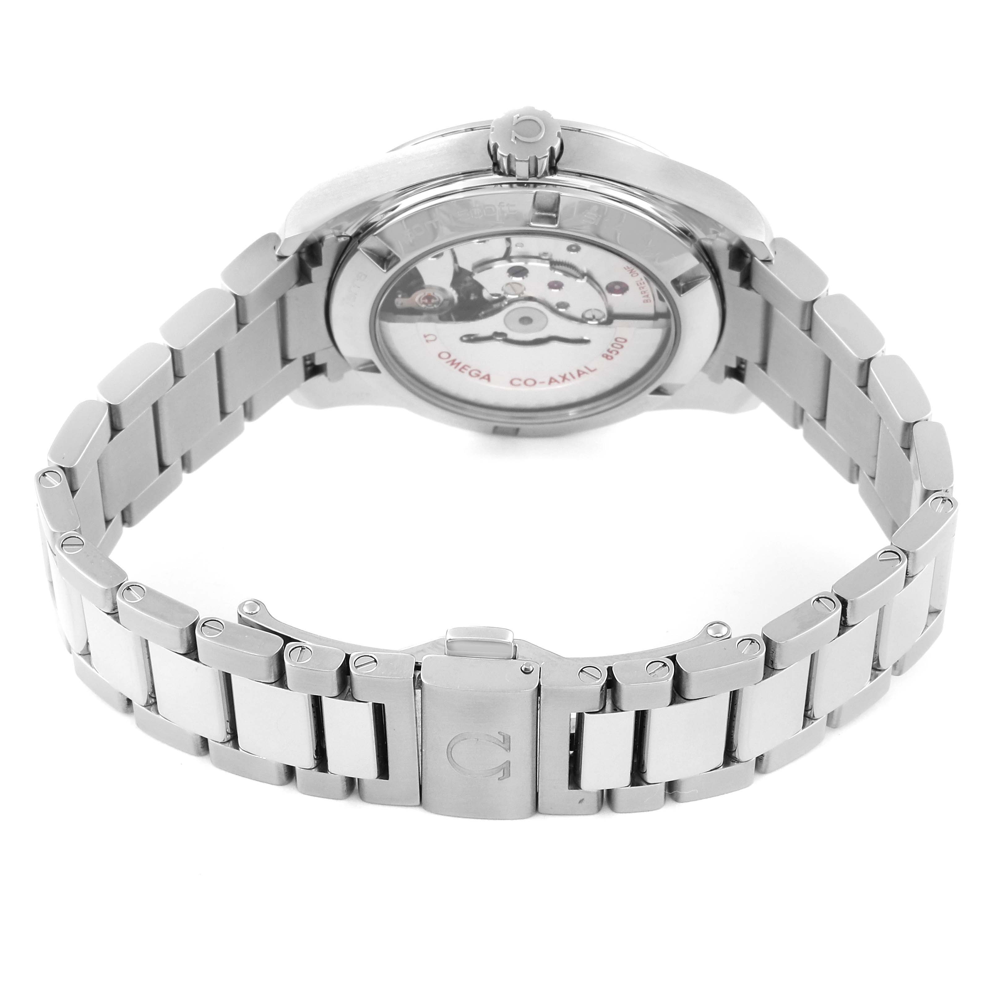 The image shows the back angle of the Omega Aqua Terra 231.10.39.21.02.002 Men
s Stainless Steel Silver Dial 231.10.39.21.02.002 Men
s Stainless Steel Silver Dial watch, highlighting its stainless steel bracelet and transparent case back.