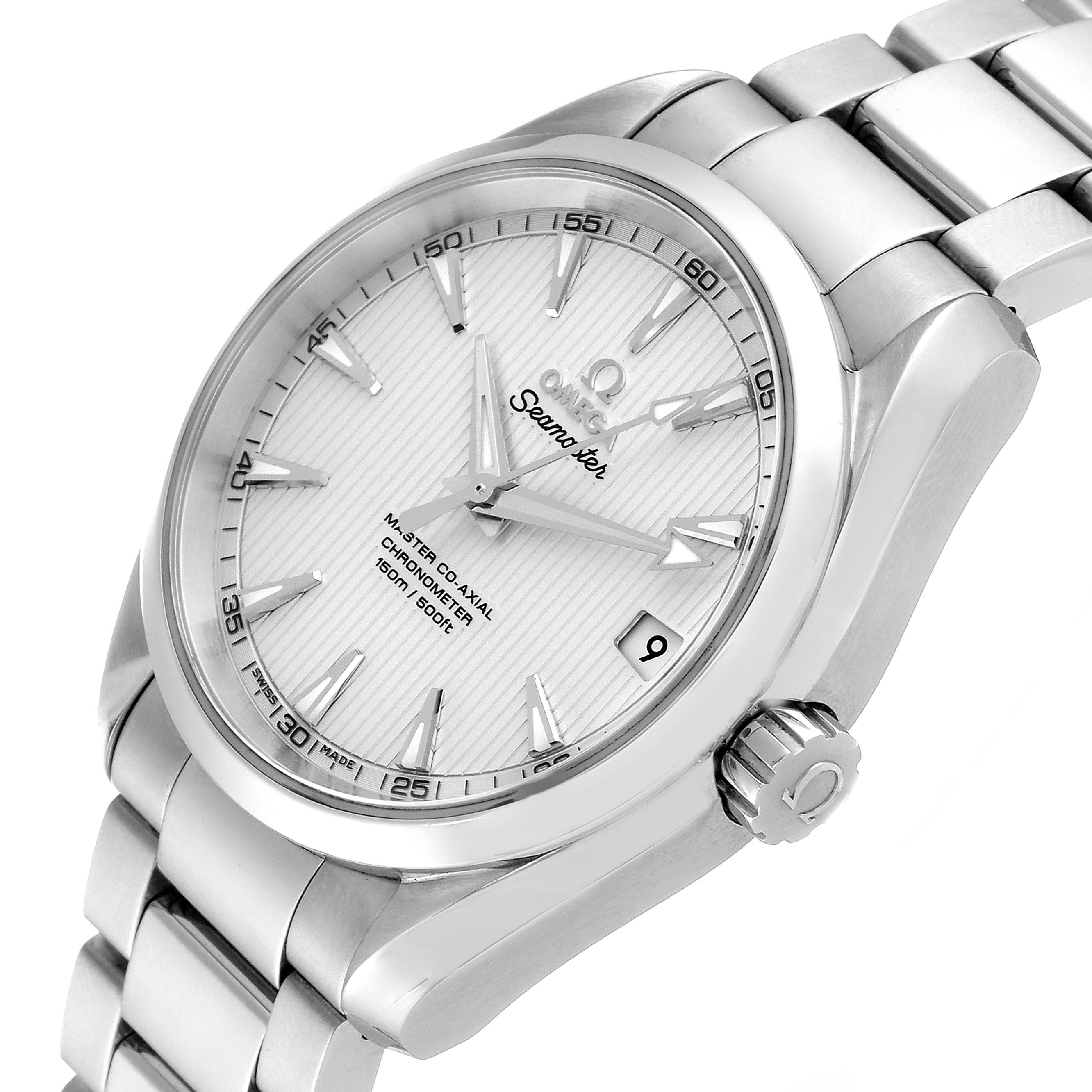 The image displays an Omega Aqua Terra 231.10.39.21.02.002 Men
s Stainless Steel Silver Dial 231.10.39.21.02.002 Men
s Stainless Steel Silver Dial watch at an angle showing the face, crown, and part of the stainless steel bracelet.