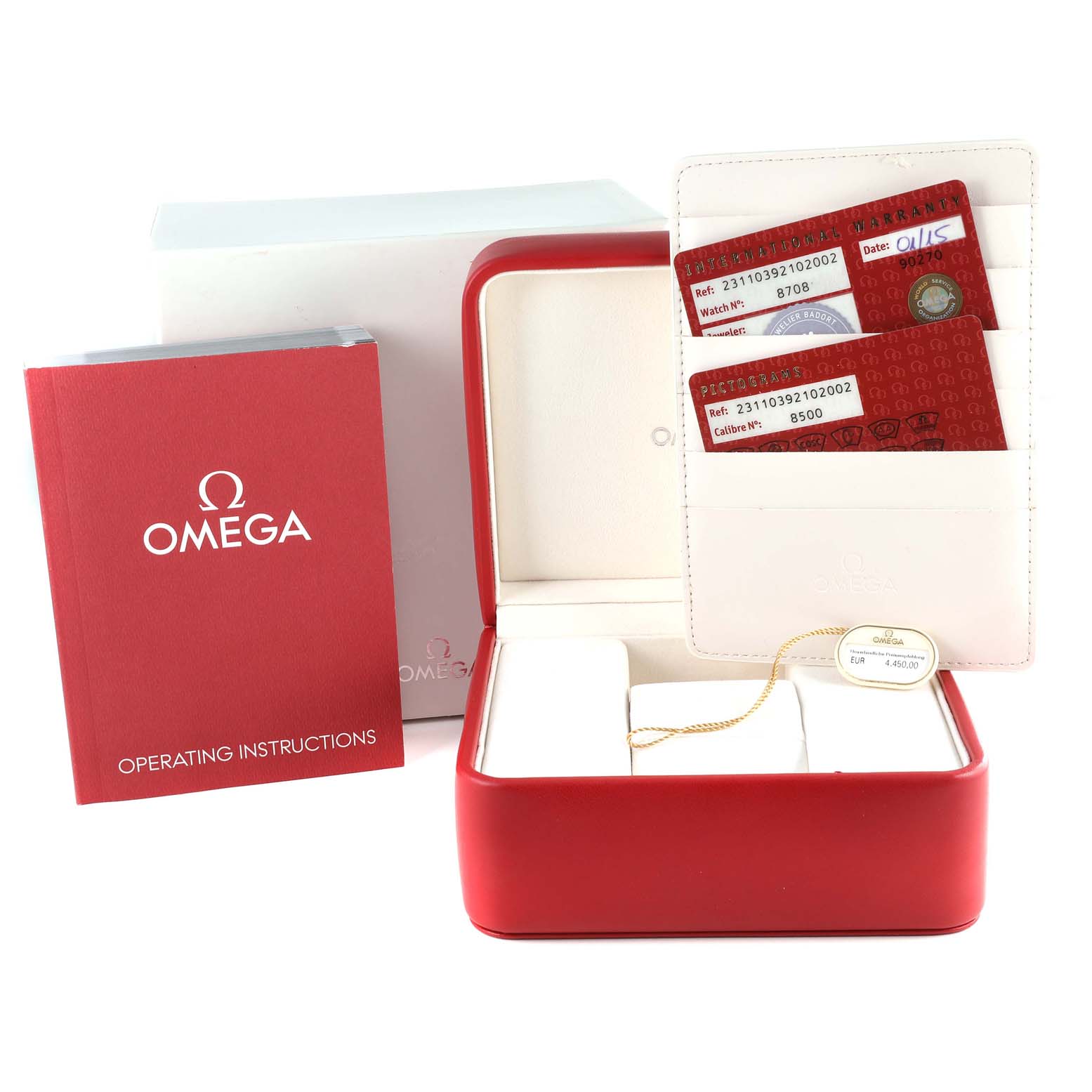 The image shows the Omega Aqua Terra 231.10.39.21.02.002 Men
s Stainless Steel Silver Dial 231.10.39.21.02.002 Men
s Stainless Steel Silver Dial watch
s accessories including its red box, operating instructions, and warranty cards.