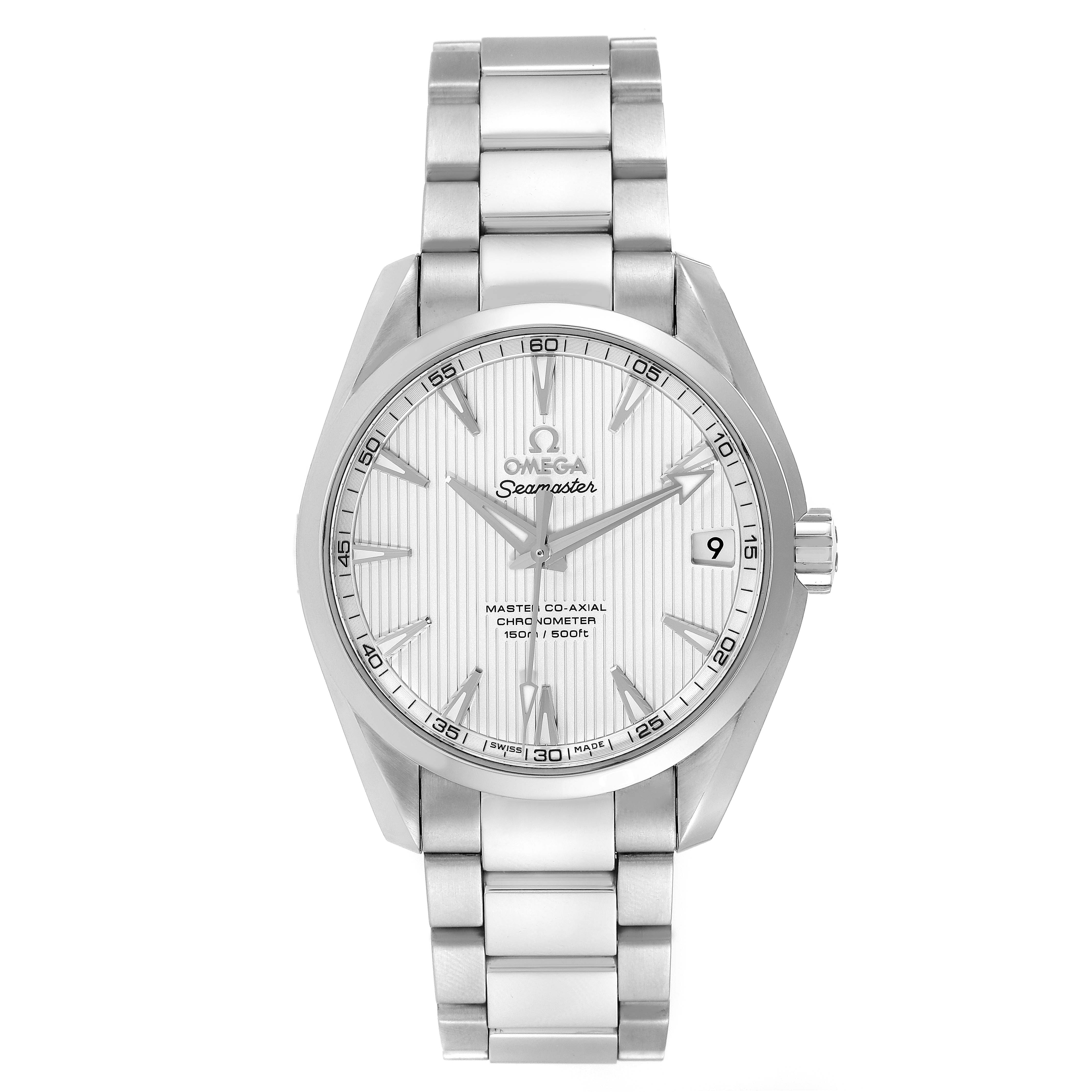 The image shows a front view of the Omega Aqua Terra 231.10.39.21.02.002 Men
s Stainless Steel Silver Dial 231.10.39.21.02.002 Men
s Stainless Steel Silver Dial watch, displaying its face, bezel, crown, and bracelet.