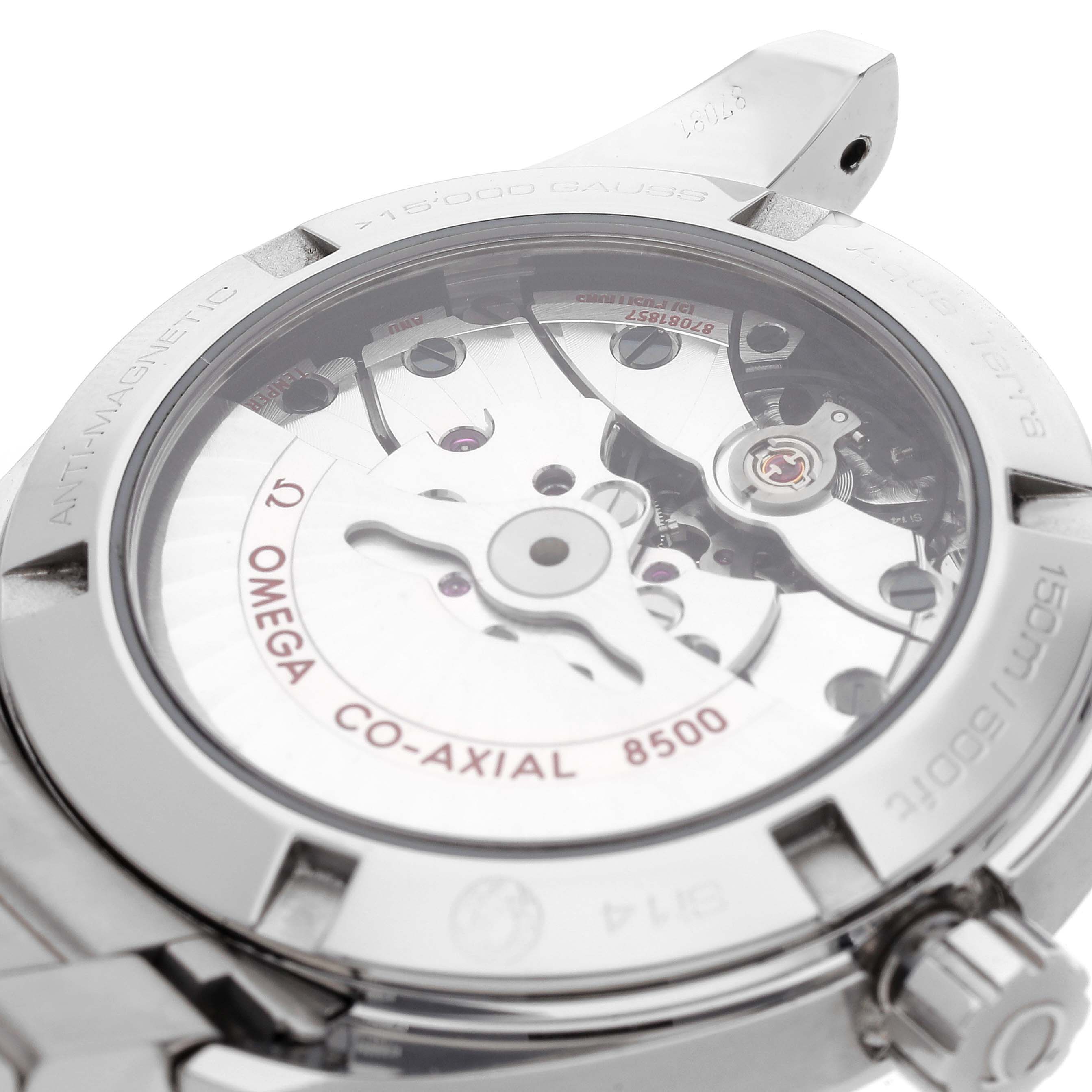 This image shows the rear view of the Omega Aqua Terra 231.10.39.21.02.002 Men
s Stainless Steel Silver Dial 231.10.39.21.02.002 Men
s Stainless Steel Silver Dial watch, displaying its Co-Axial 8500 movement through the transparent case back.