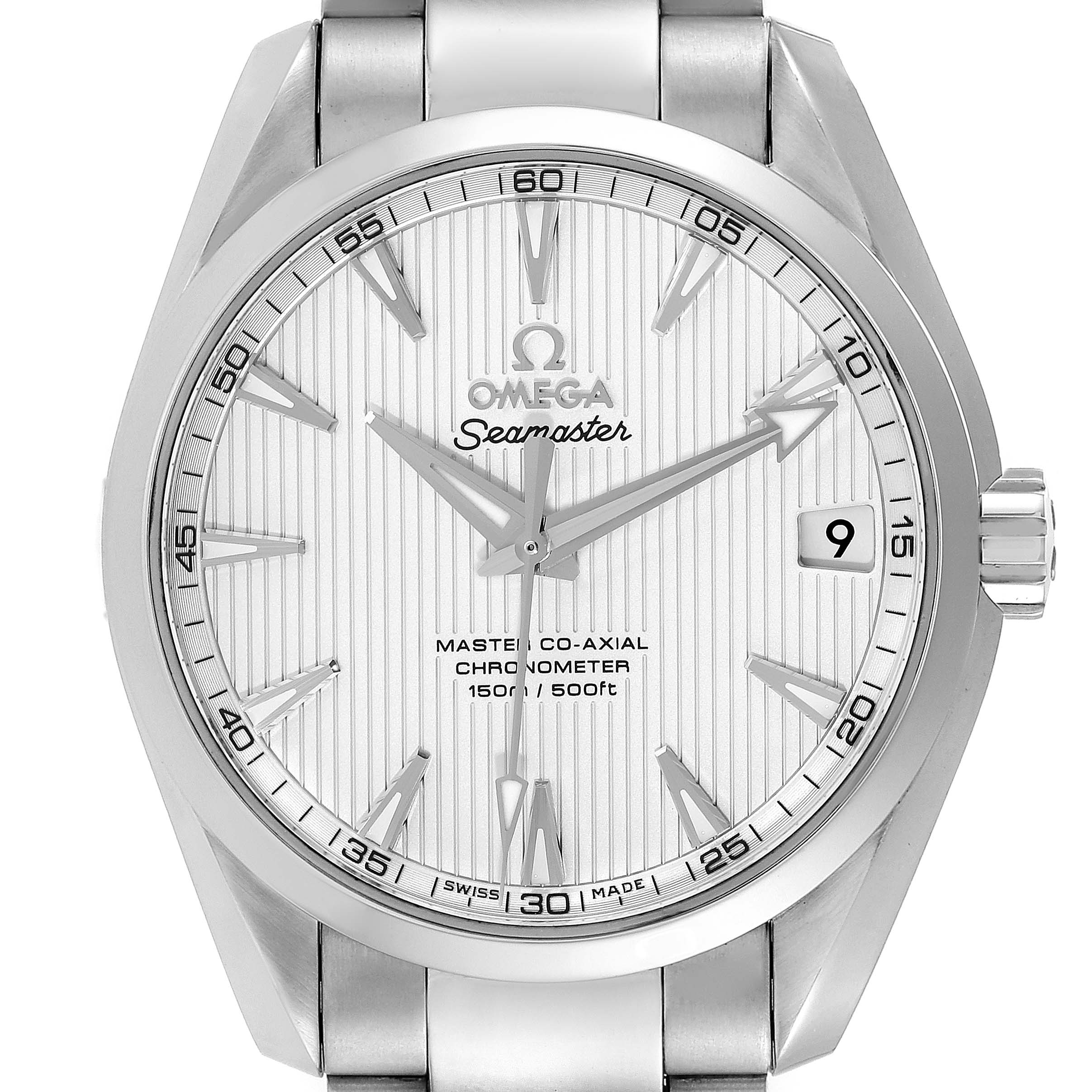 This Omega Aqua Terra 231.10.39.21.02.002 Men
s Stainless Steel Silver Dial 231.10.39.21.02.002 Men
s Stainless Steel Silver Dial model watch is shown from the front, highlighting the face, hour markers, hands, date window, and part of the bracelet.