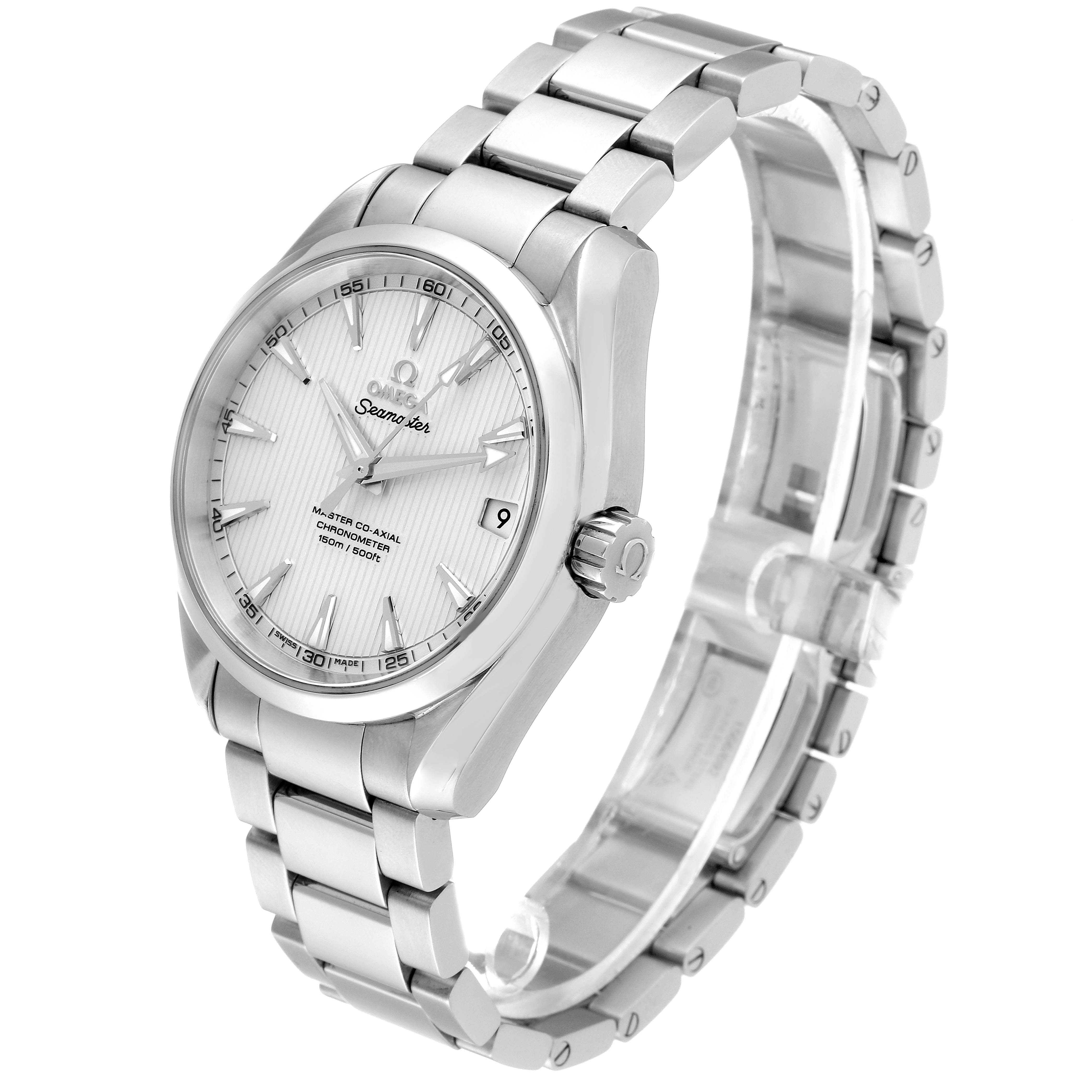 The Omega Aqua Terra 231.10.39.21.02.002 Men
s Stainless Steel Silver Dial 231.10.39.21.02.002 Men
s Stainless Steel Silver Dial watch is shown at a slight angle, displaying its silver dial, crown, and stainless steel bracelet.