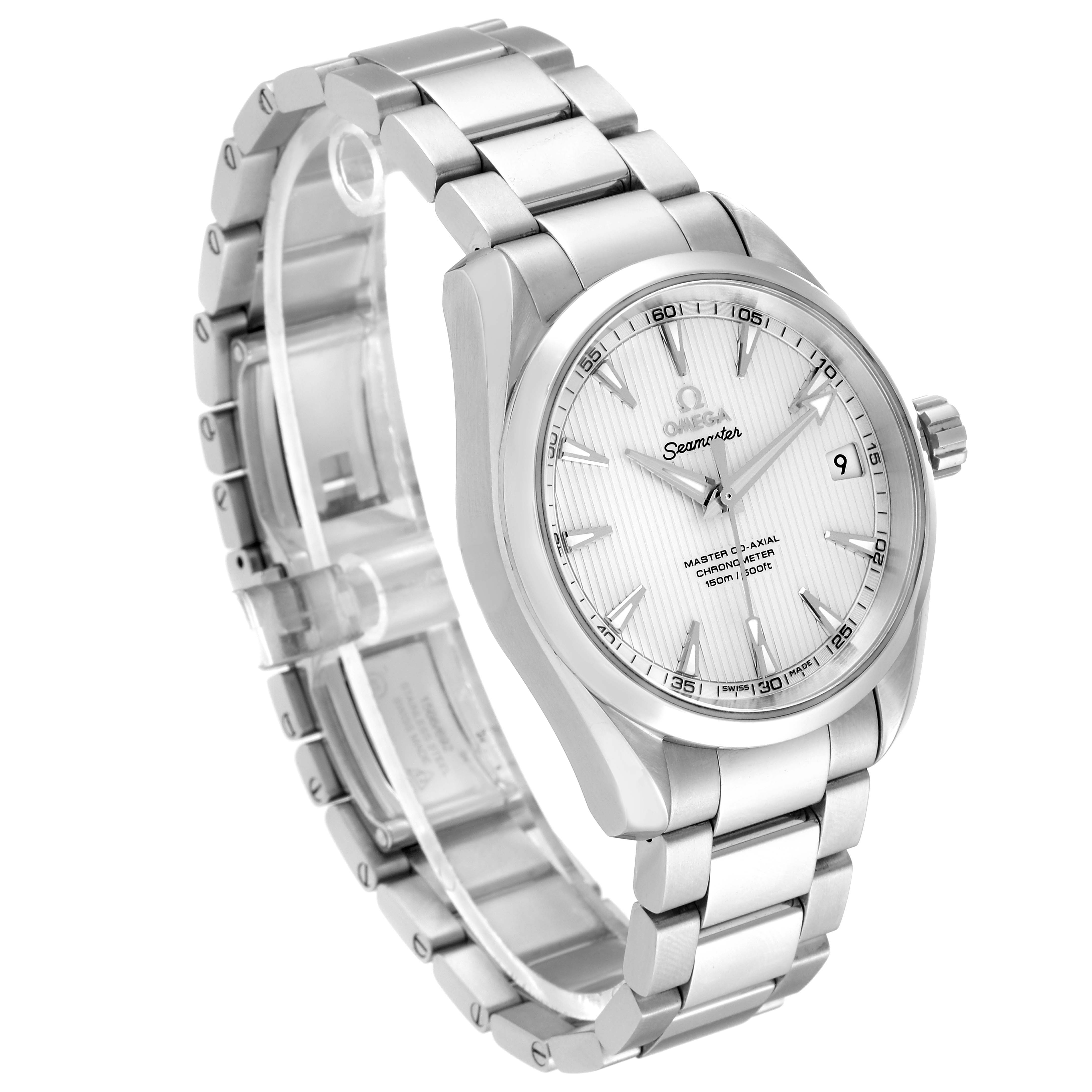 The Aqua Terra model by Omega is shown from a three-quarter angle, displaying its face, bezel, and bracelet.