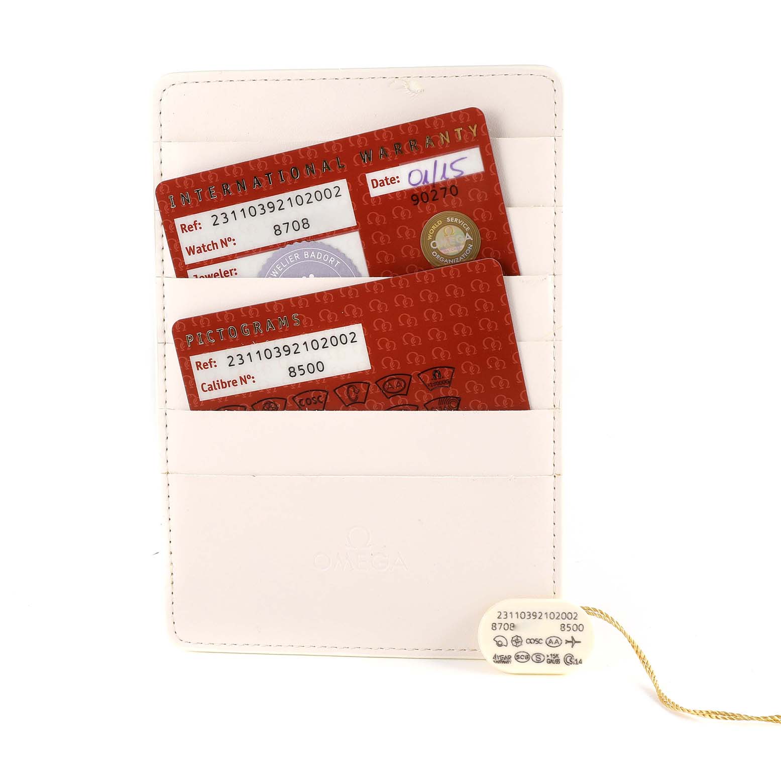 The image shows warranty and pictogram cards in a cardholder, and a hang tag for the Omega Aqua Terra 231.10.39.21.02.002 Men
s Stainless Steel Silver Dial 231.10.39.21.02.002 Men
s Stainless Steel Silver Dial watch model.