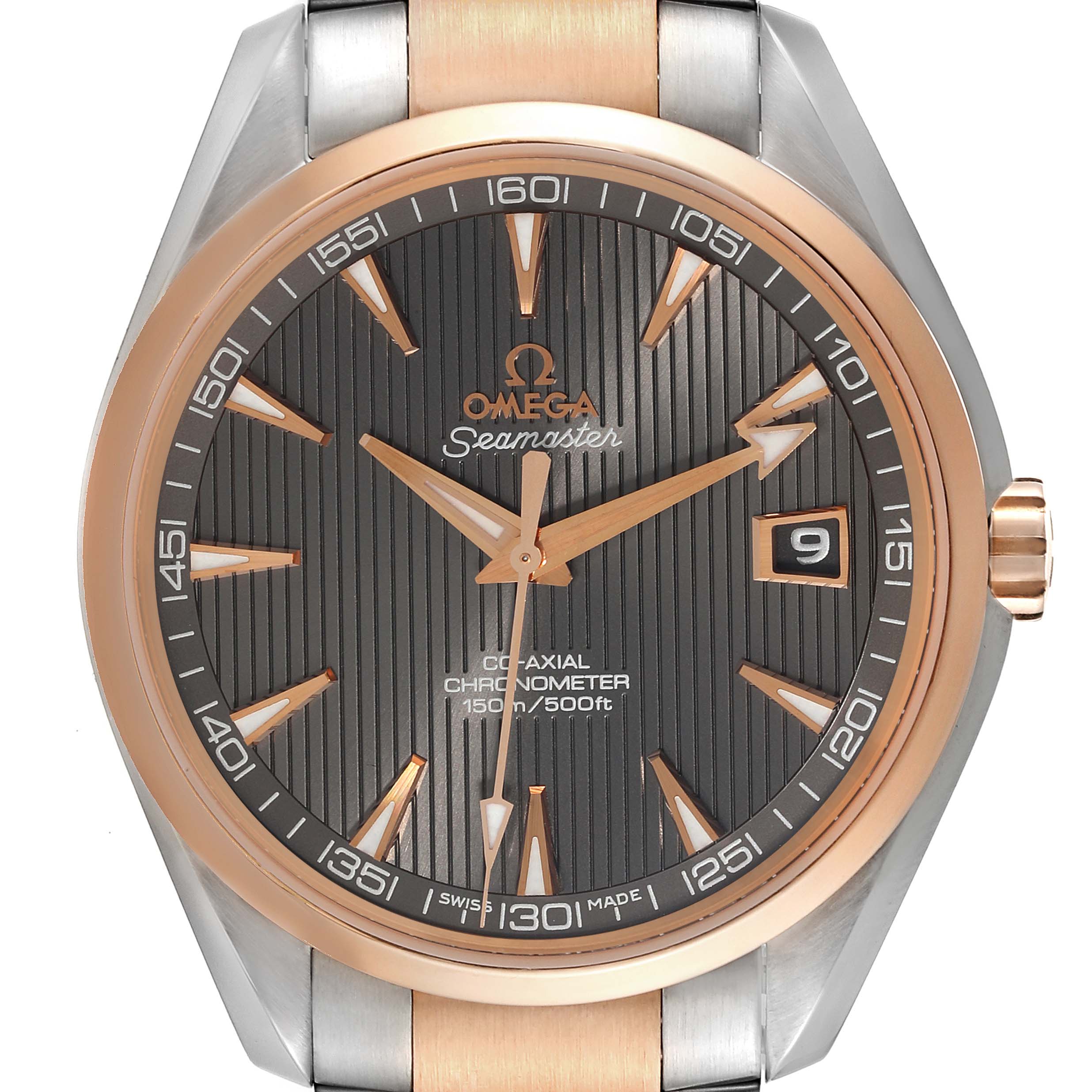 The image shows a front view of the Omega Aqua Terra 231.20.42.21.06.001 Men's Steel and Gold (two tone) Grey Dial 231.20.42.21.06.001 Men's Steel and Gold (two tone) Grey Dial watch, highlighting the dial, hands, bezel, and partial band.
