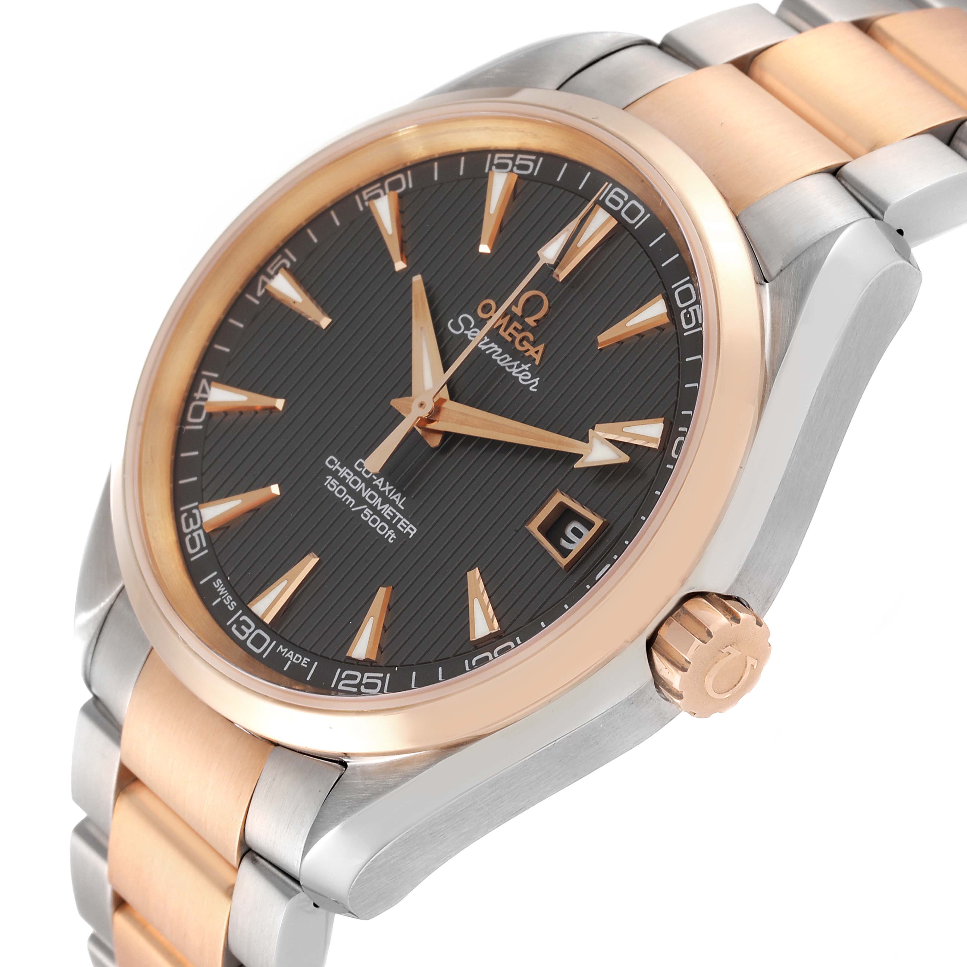 The Omega Aqua Terra 231.20.42.21.06.001 Men's Steel and Gold (two tone) Grey Dial 231.20.42.21.06.001 Men's Steel and Gold (two tone) Grey Dial watch is shown at an oblique angle, highlighting its dial, bezel, and part of the bracelet.